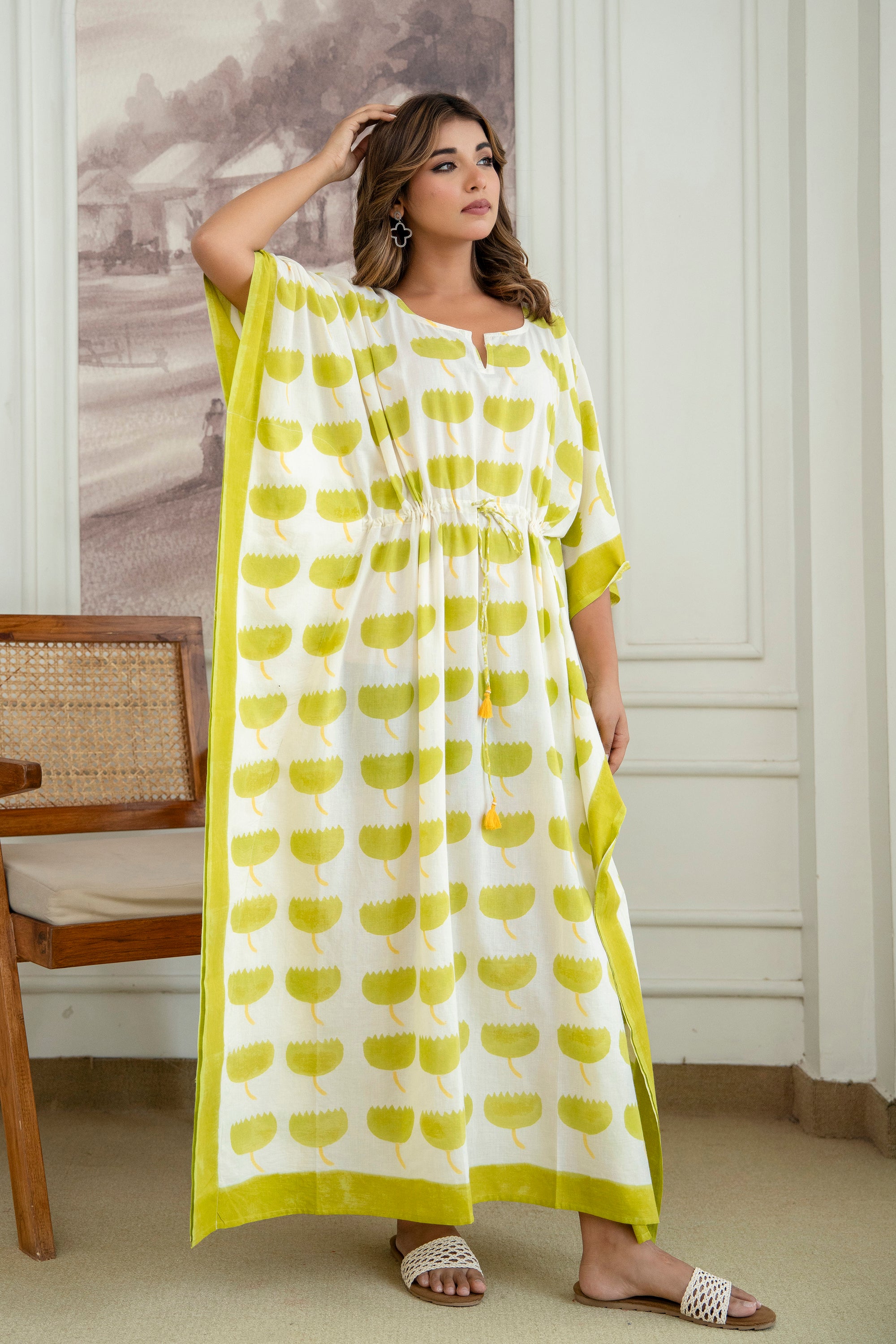 Lime Bloom Hand Block Printed Cotton Kaftan