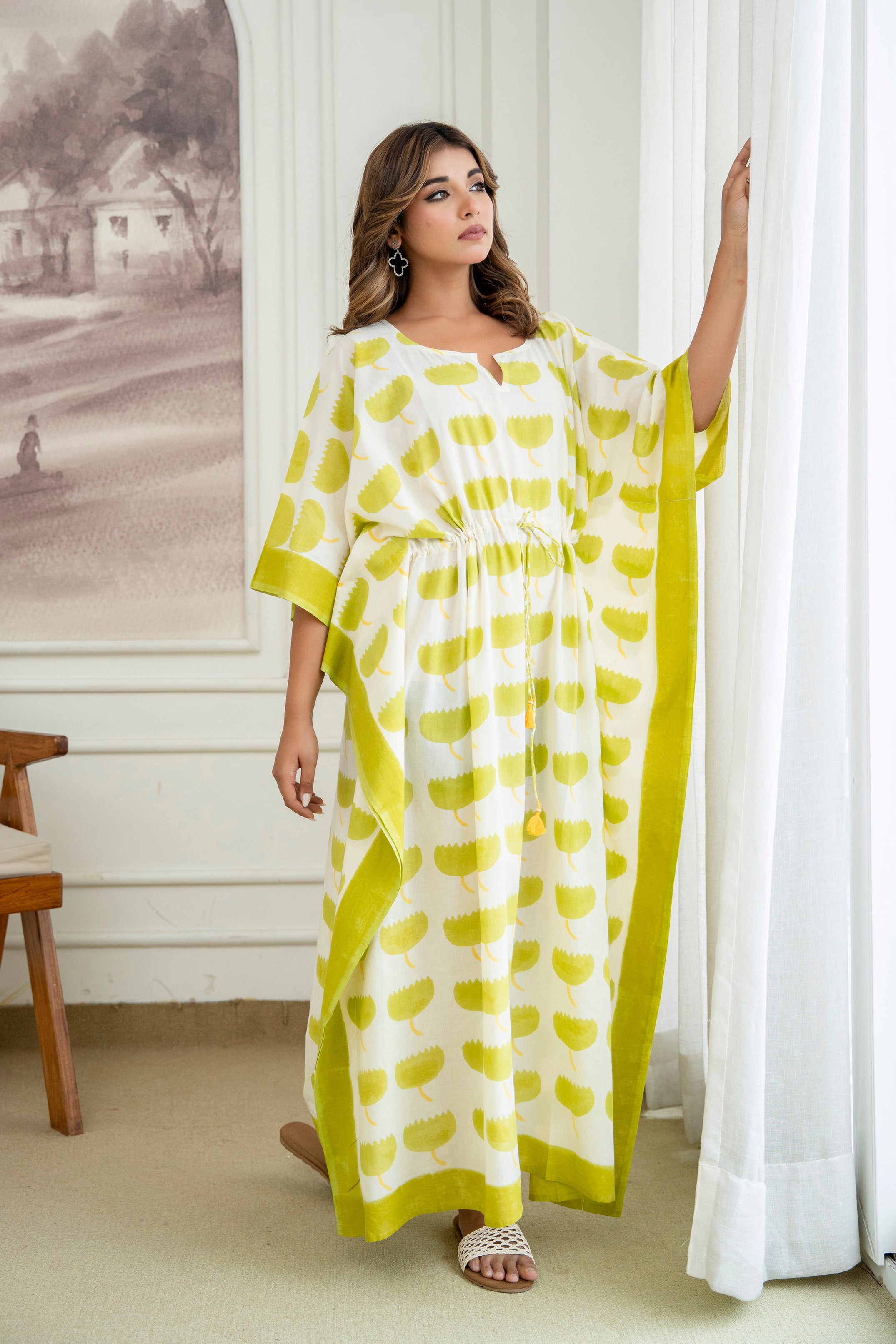 Lime Bloom Hand Block Printed Cotton Kaftan