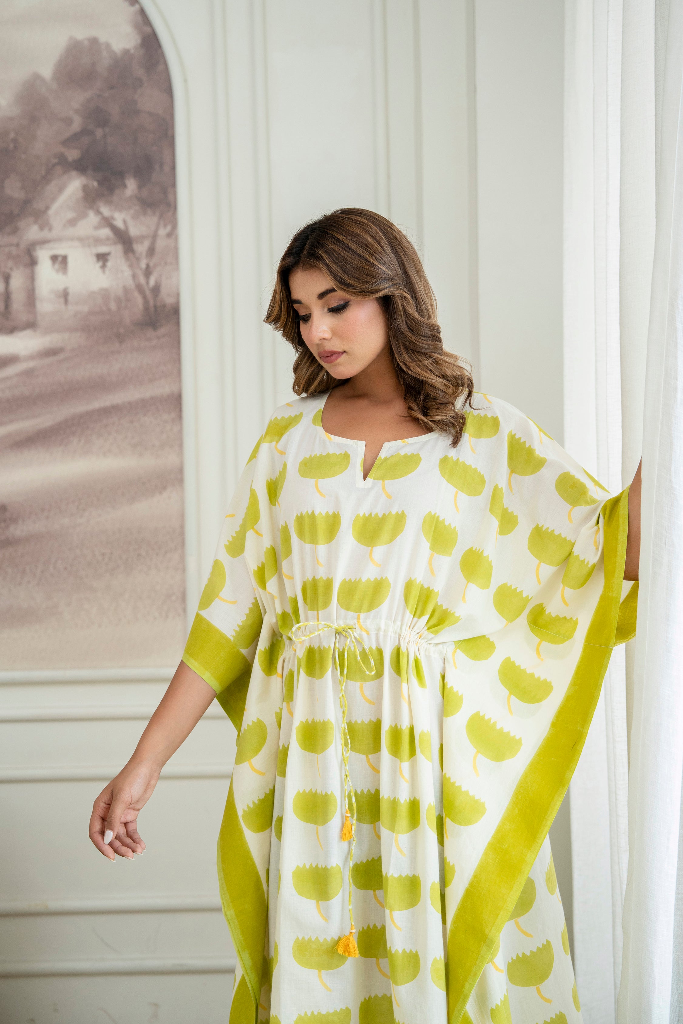 Lime Bloom Hand Block Printed Cotton Kaftan