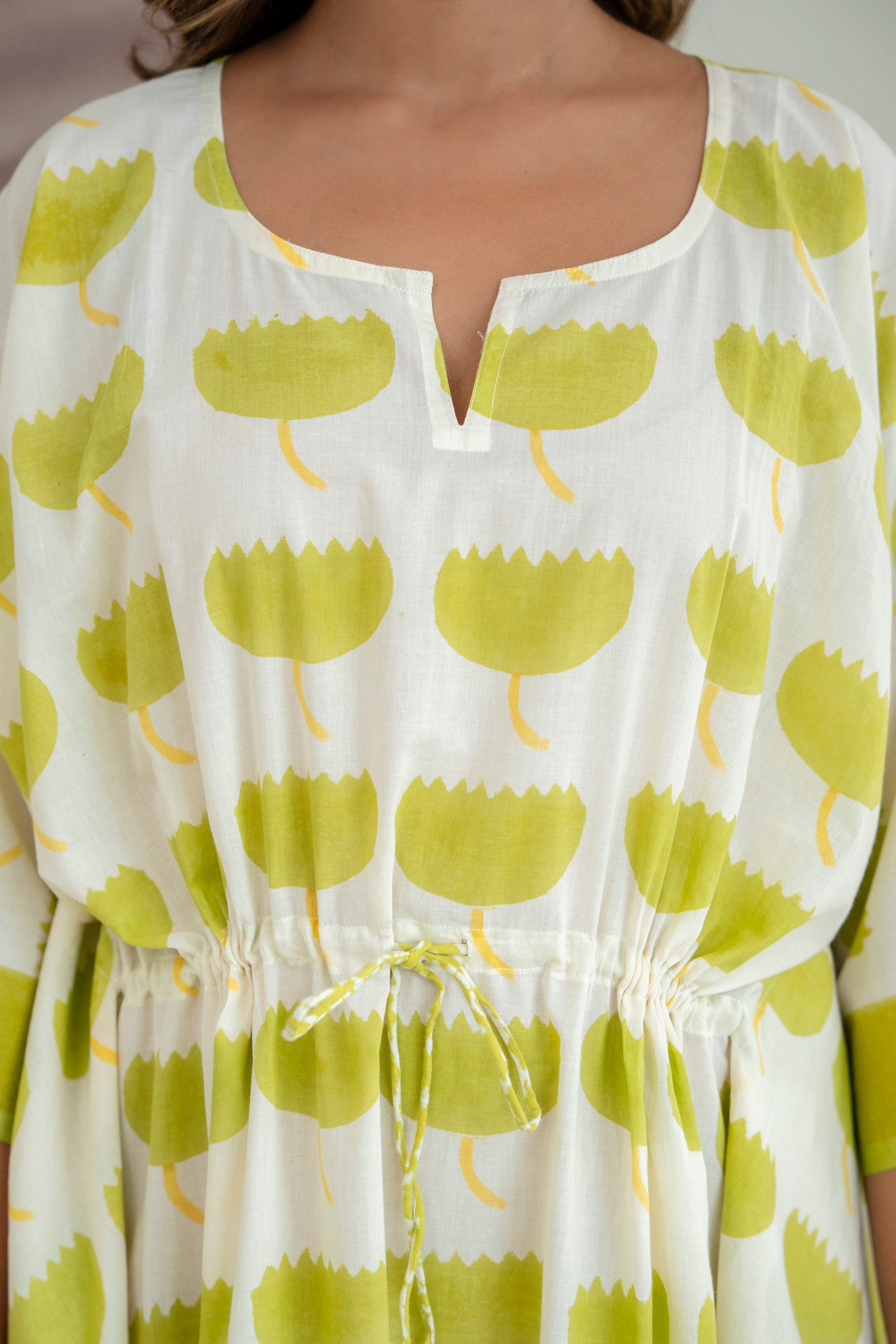 Lime Bloom Hand Block Printed Cotton Kaftan