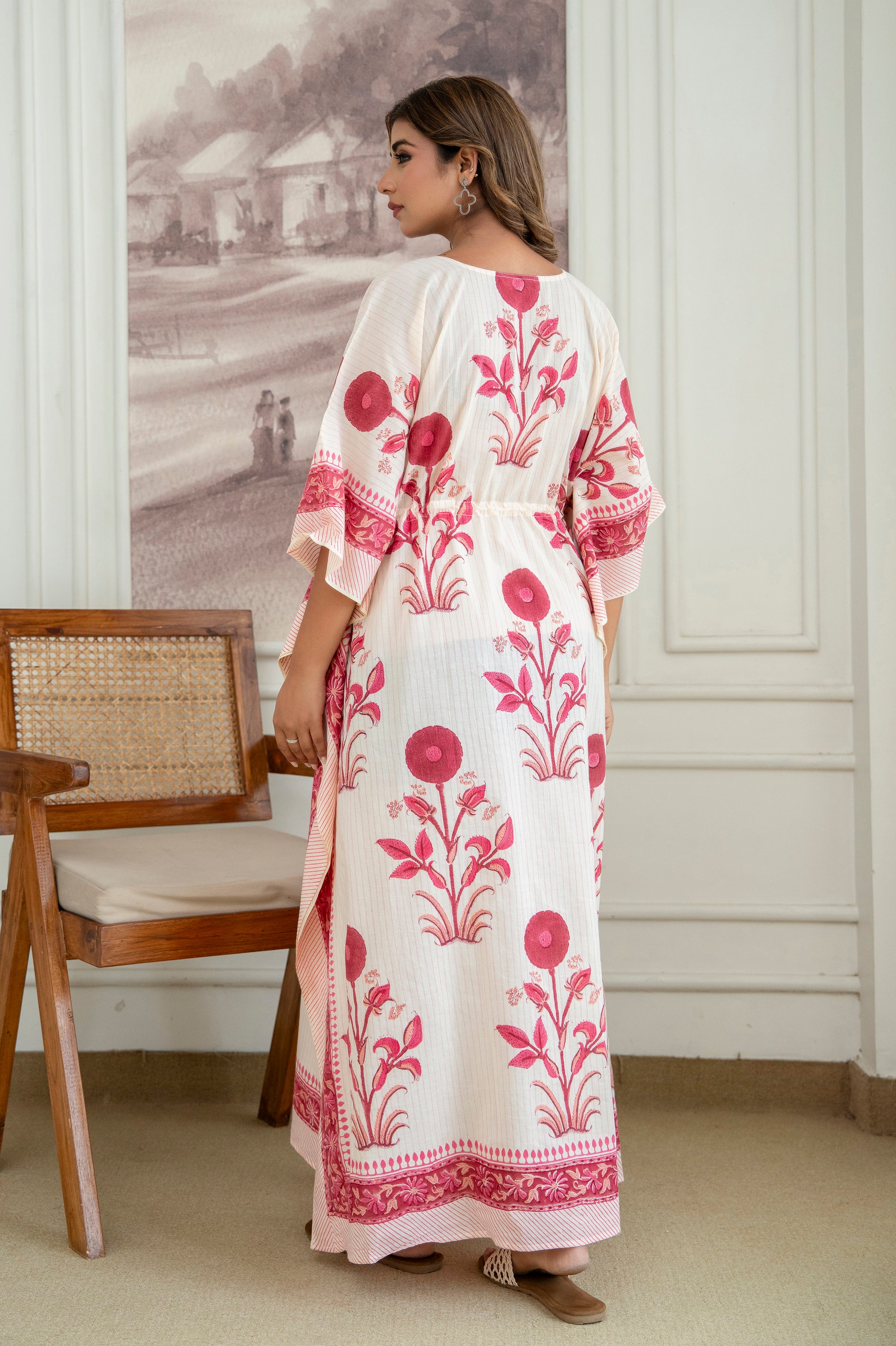 Blush Floral Hand Block Printed Cotton Kaftan
