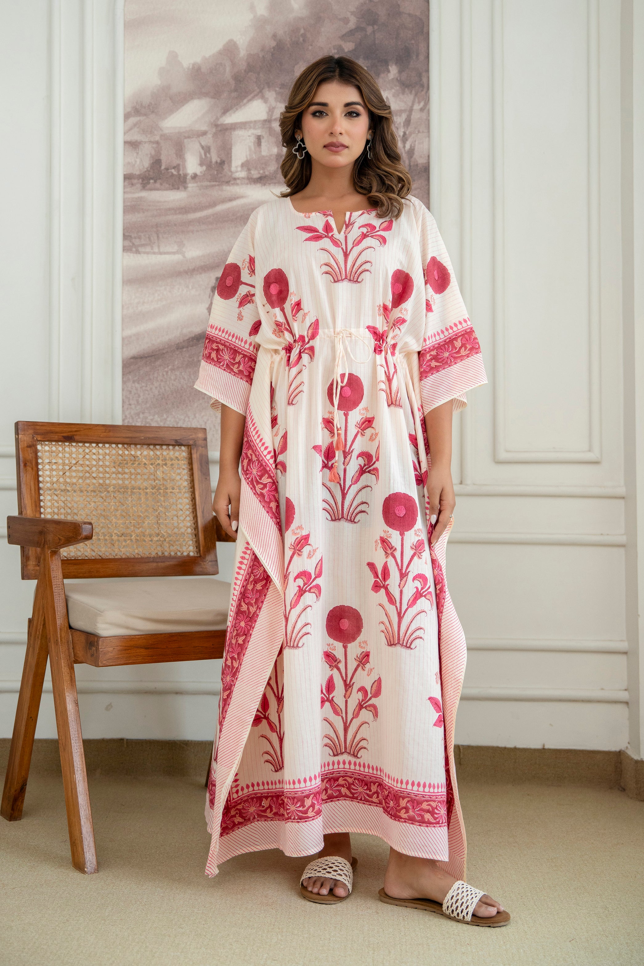 Blush Floral Hand Block Printed Cotton Kaftan