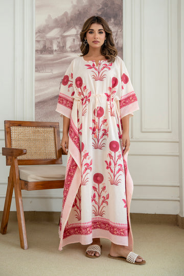 Blush Floral Hand Block Printed Cotton Kaftan
