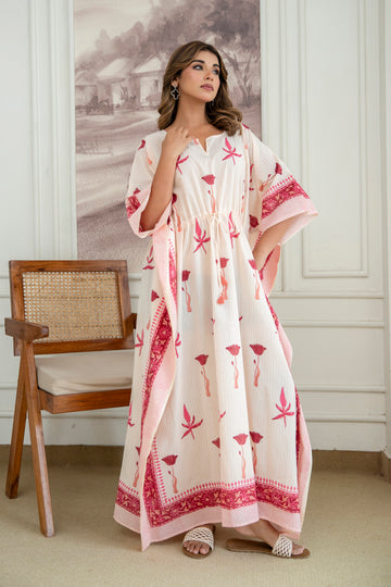 Petal Vine Hand Block Printed Cotton Kaftan