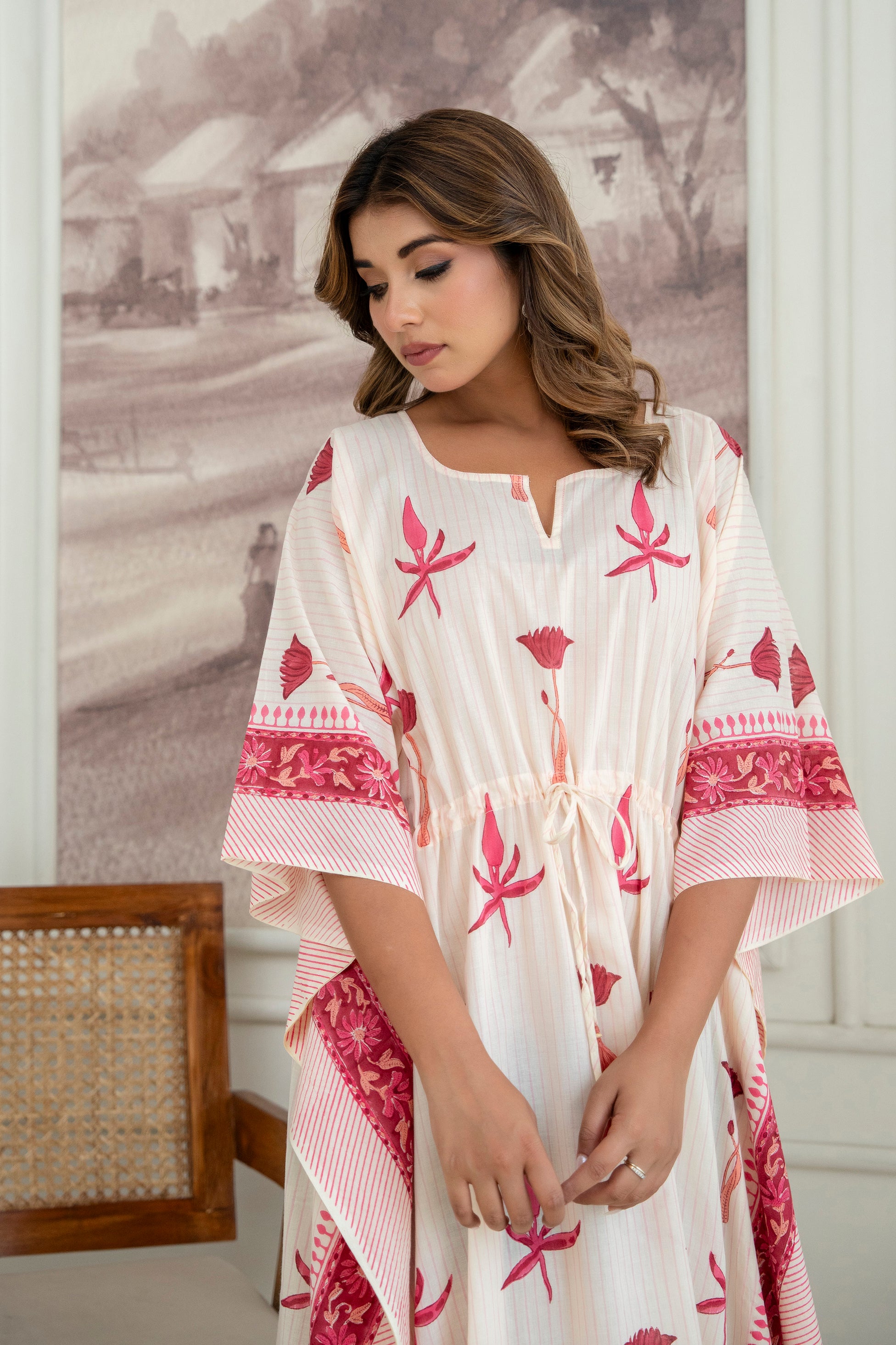 Petal Vine Hand Block Printed Cotton Kaftan