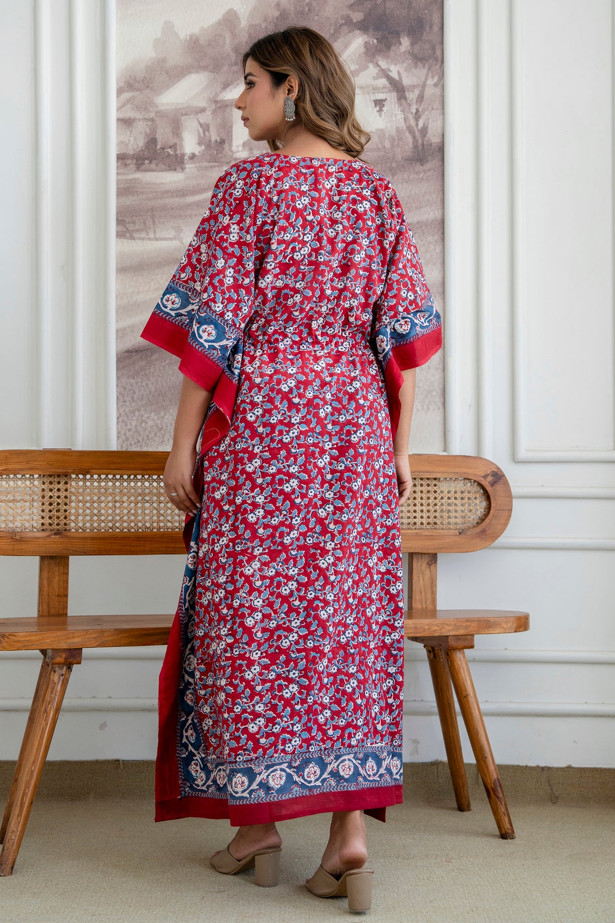 Red Blossom Hand Block Printed Cotton Kaftan