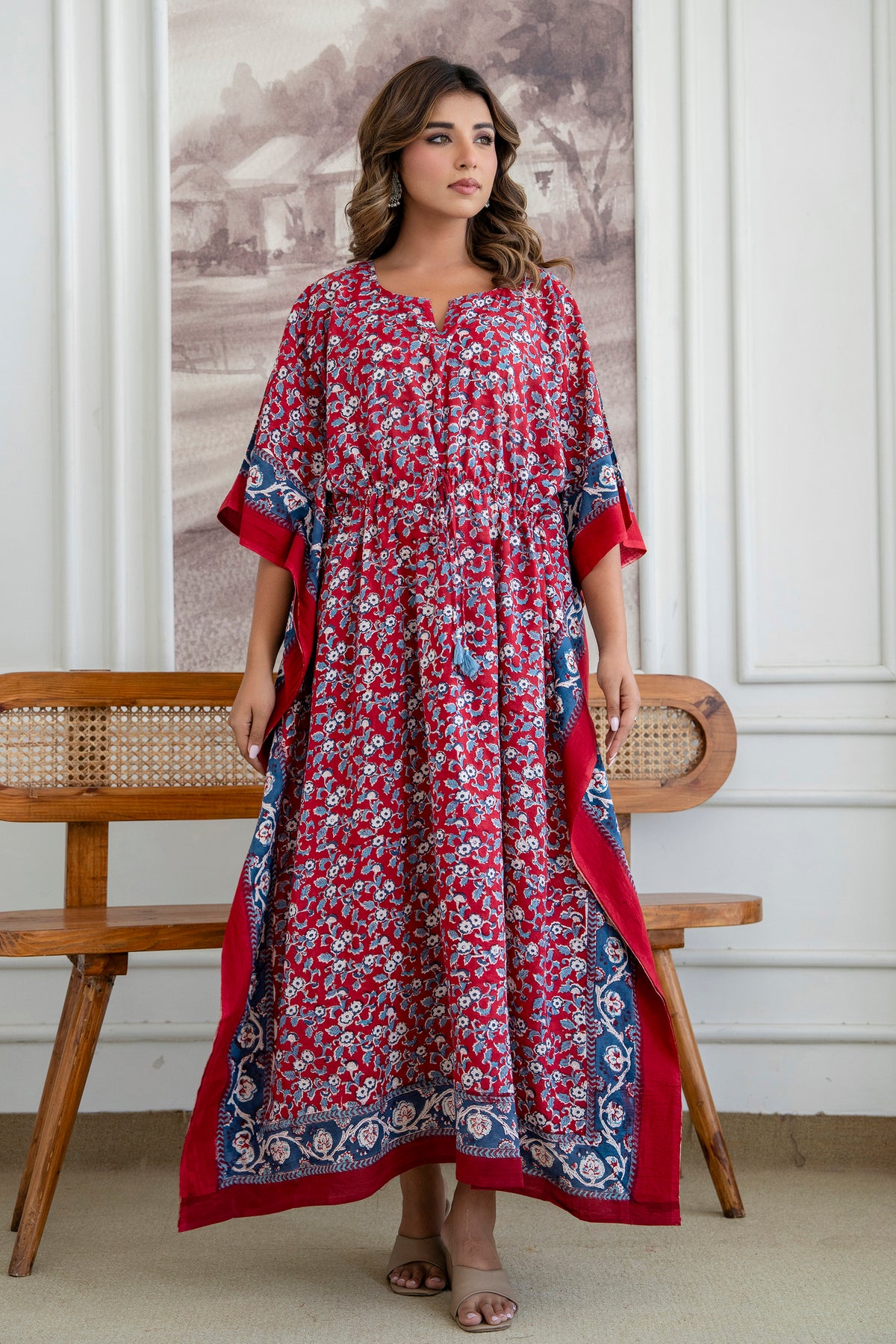 Red Blossom Hand Block Printed Cotton Kaftan