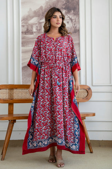 Red Blossom Hand Block Printed Cotton Kaftan