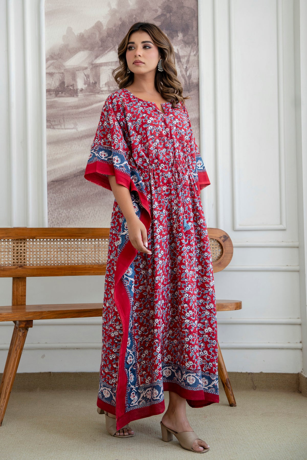 Red Blossom Hand Block Printed Cotton Kaftan