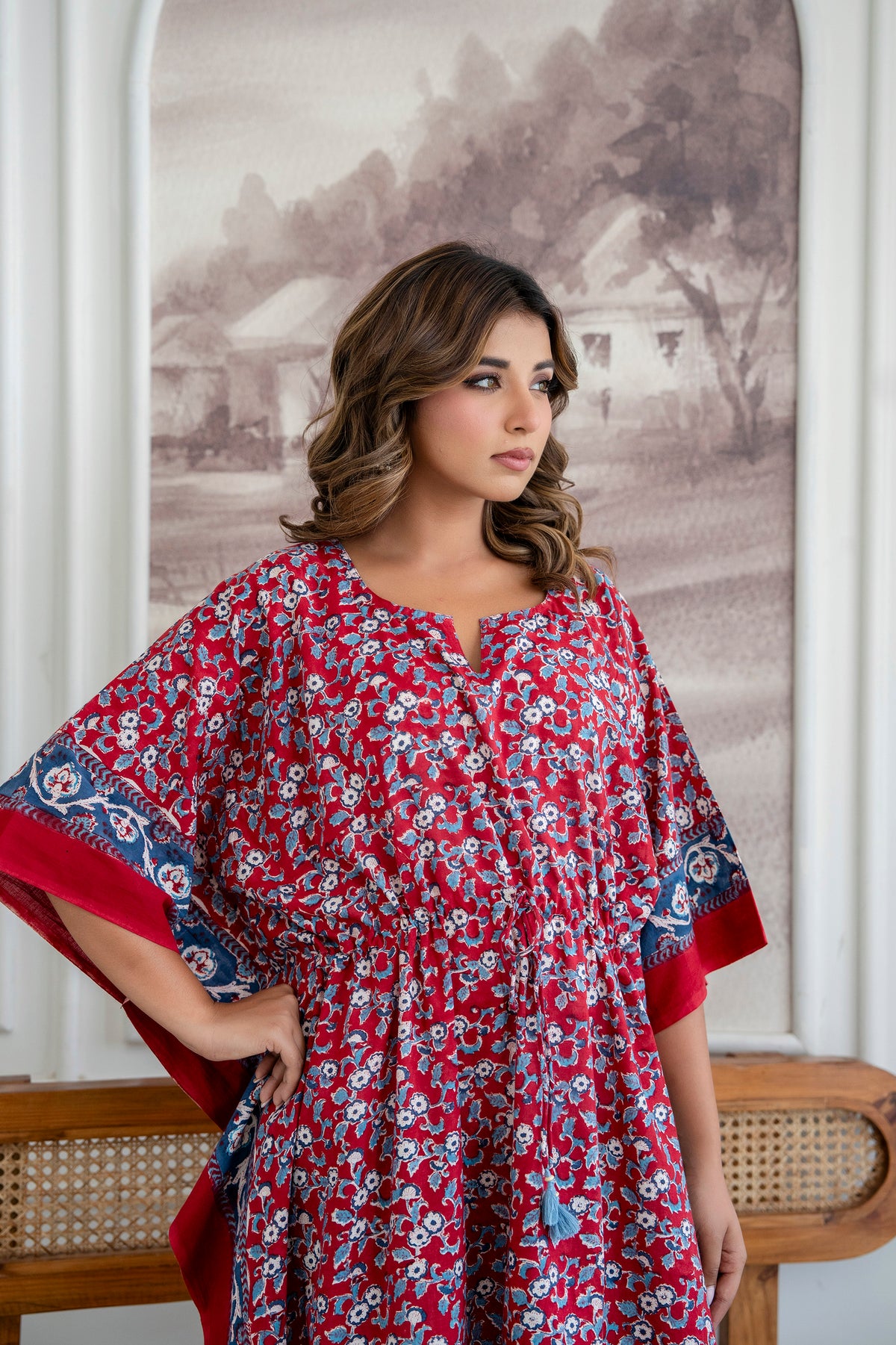 Red Blossom Hand Block Printed Cotton Kaftan