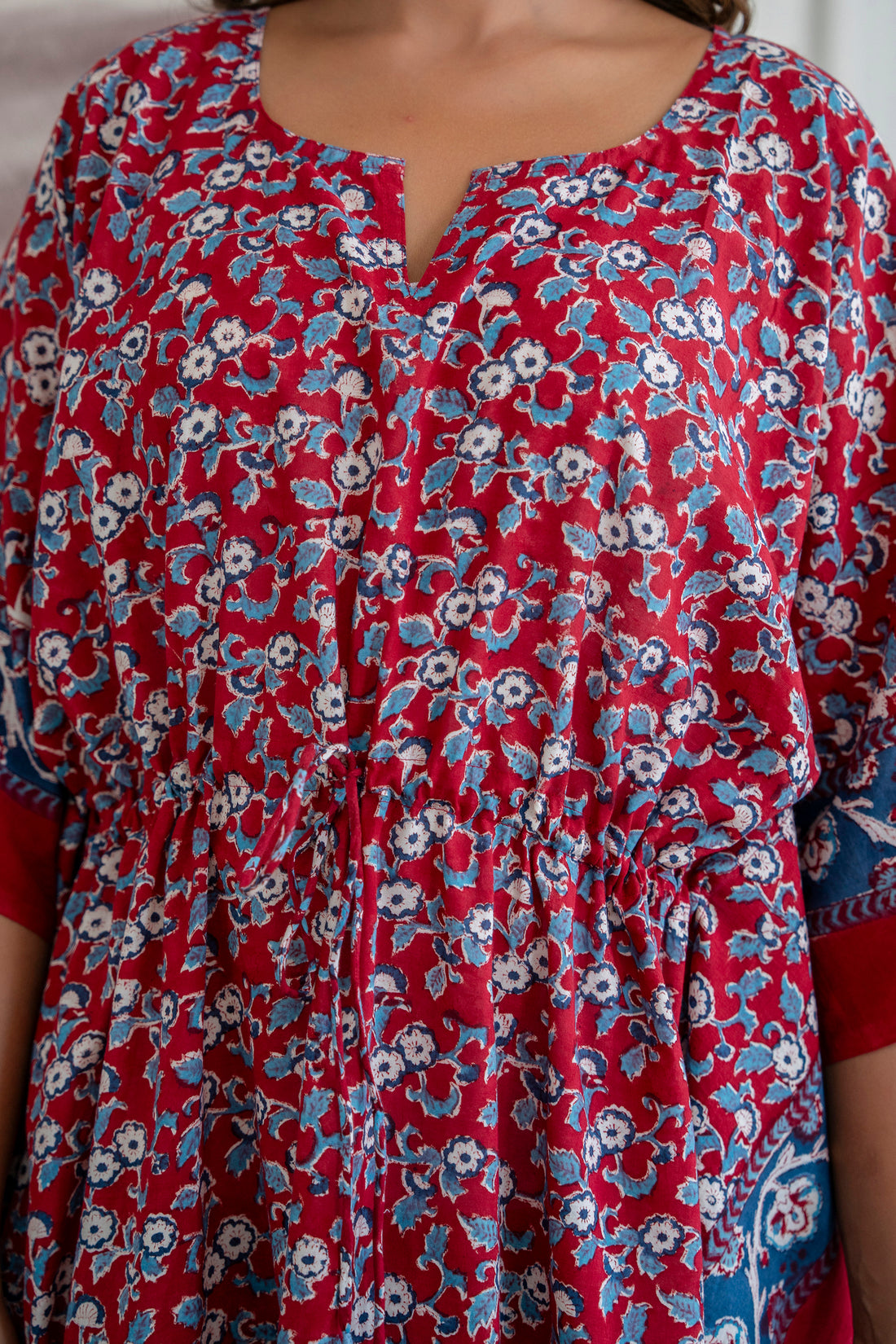 Red Blossom Hand Block Printed Cotton Kaftan