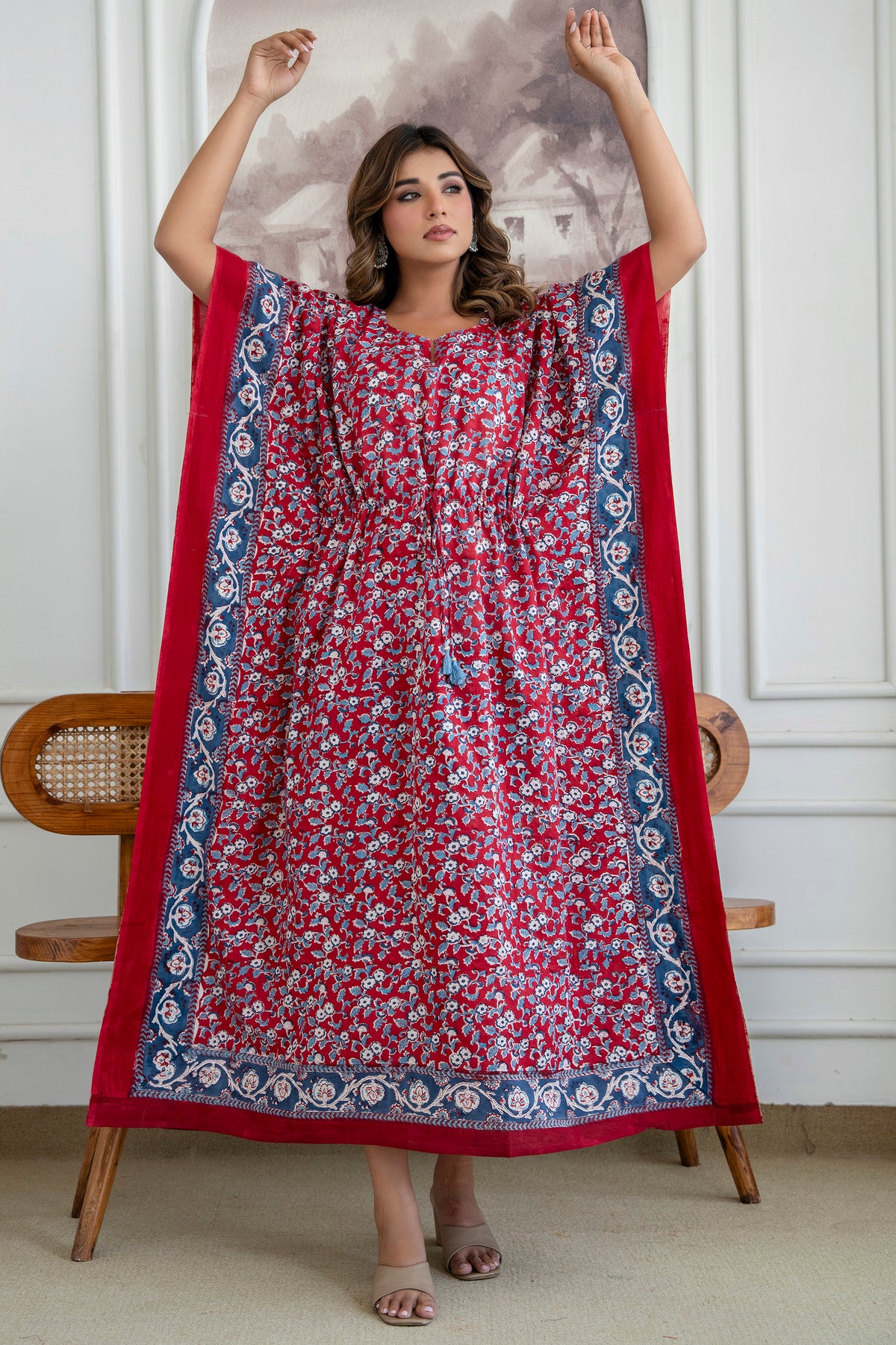 Red Blossom Hand Block Printed Cotton Kaftan