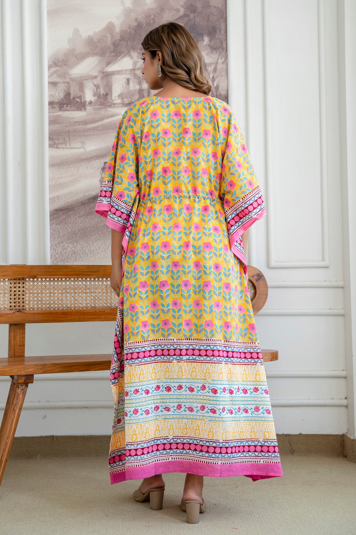 Sunshine Petal Hand Block Printed Cotton Kaftan