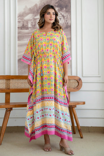 Sunshine Petal Hand Block Printed Cotton Kaftan