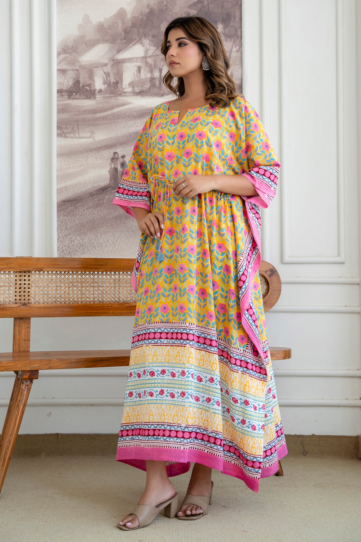 Sunshine Petal Hand Block Printed Cotton Kaftan