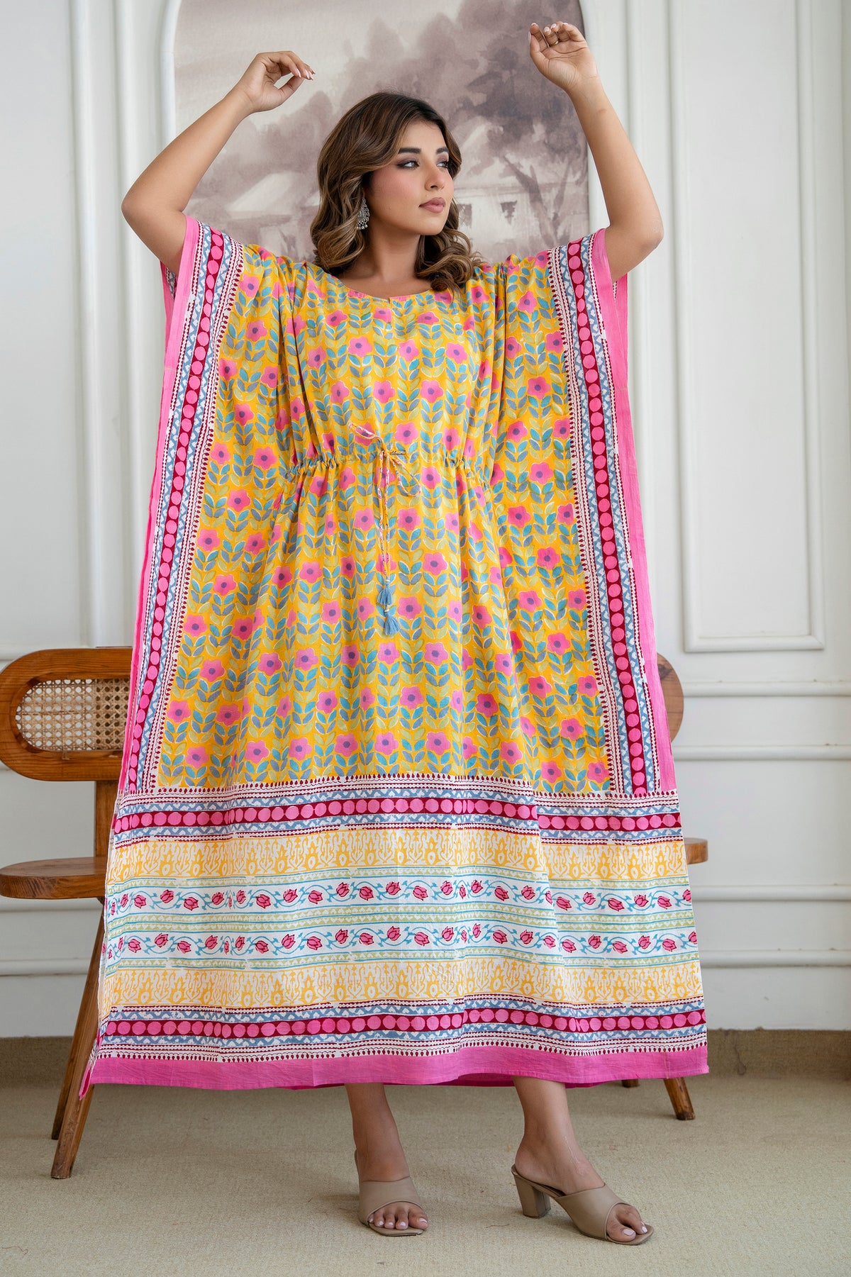 Sunshine Petal Hand Block Printed Cotton Kaftan