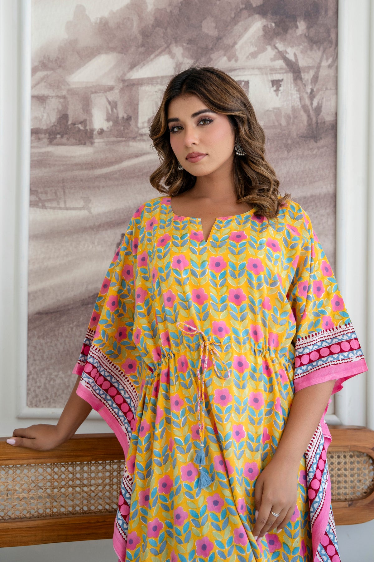 Sunshine Petal Hand Block Printed Cotton Kaftan