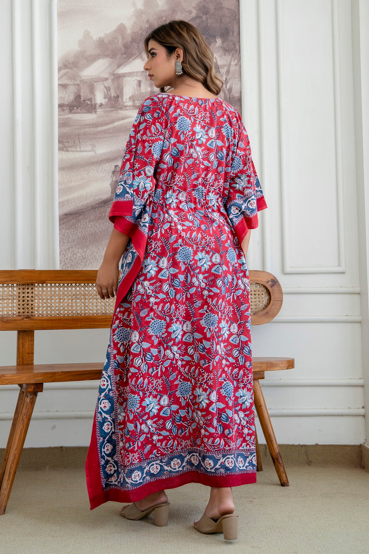 Crimson Garden Hand Block Printed Cotton Kaftan