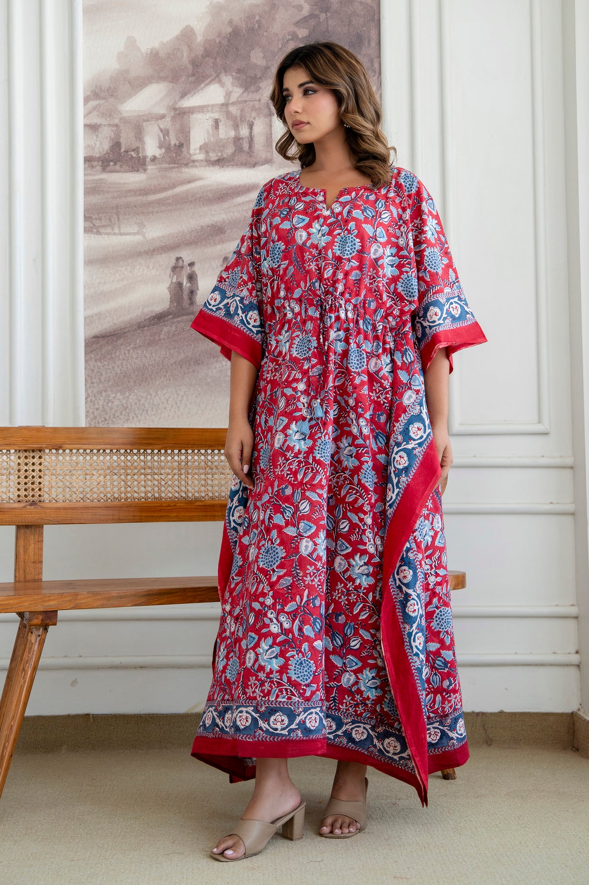 Crimson Garden Hand Block Printed Cotton Kaftan