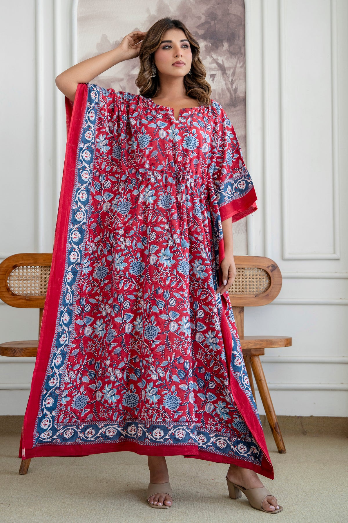 Crimson Garden Hand Block Printed Cotton Kaftan
