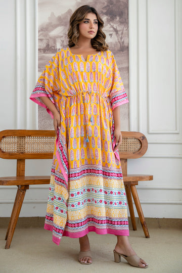 Sunshine Buta Hand Block Printed Cotton Kaftan