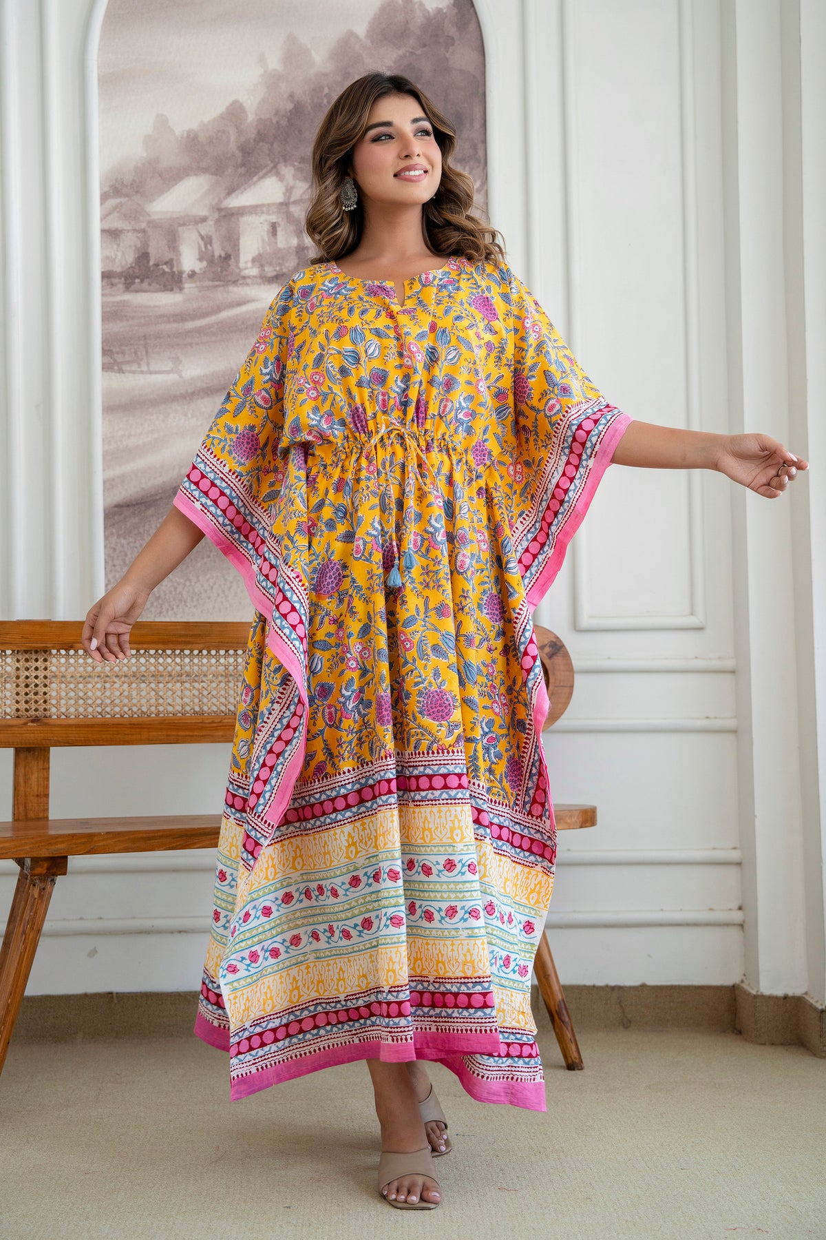 Sunshine Garden Hand Block Printed Cotton Kaftan