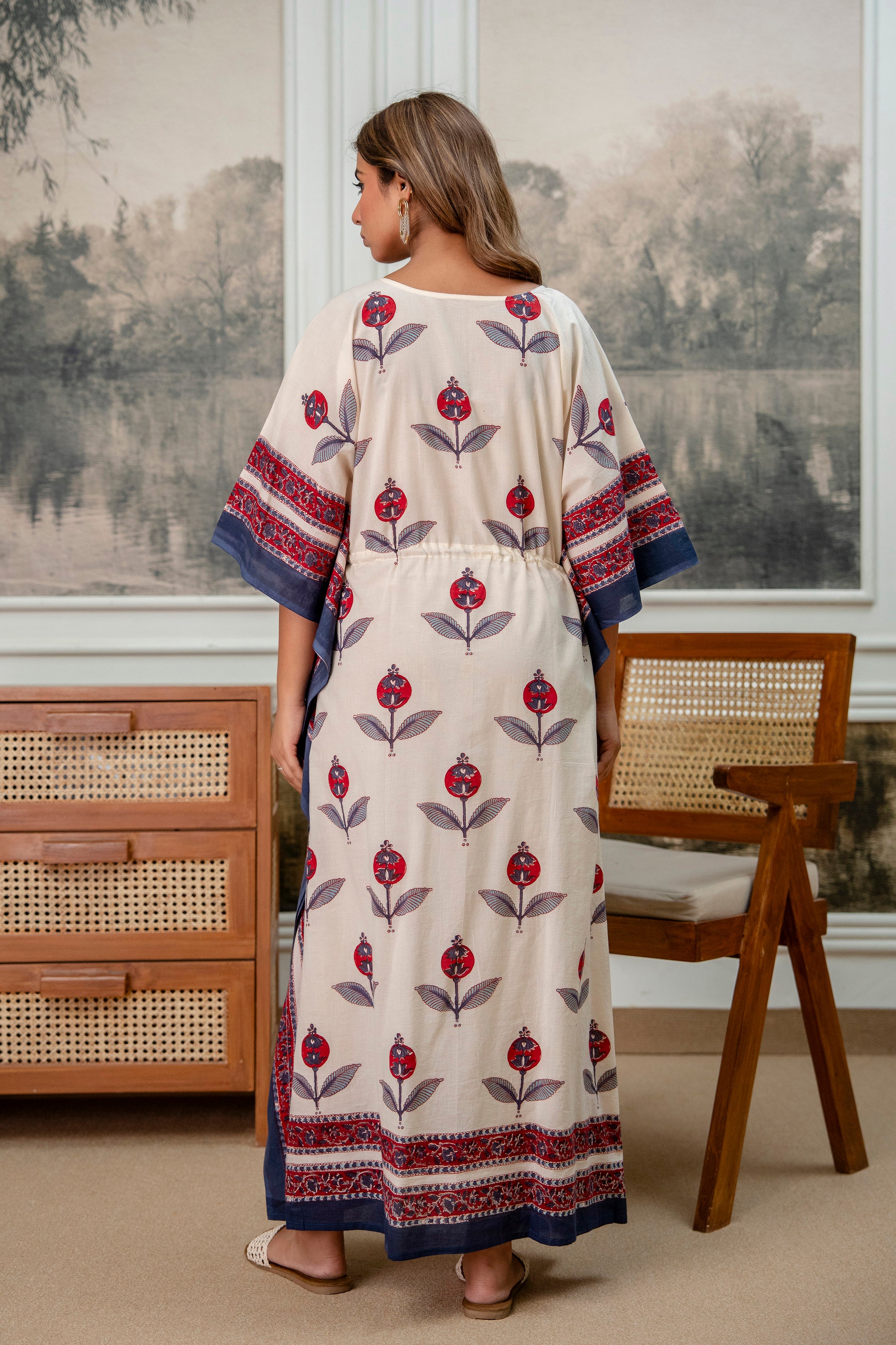 Crimson Bloom Hand Block Printed Cotton Kaftan