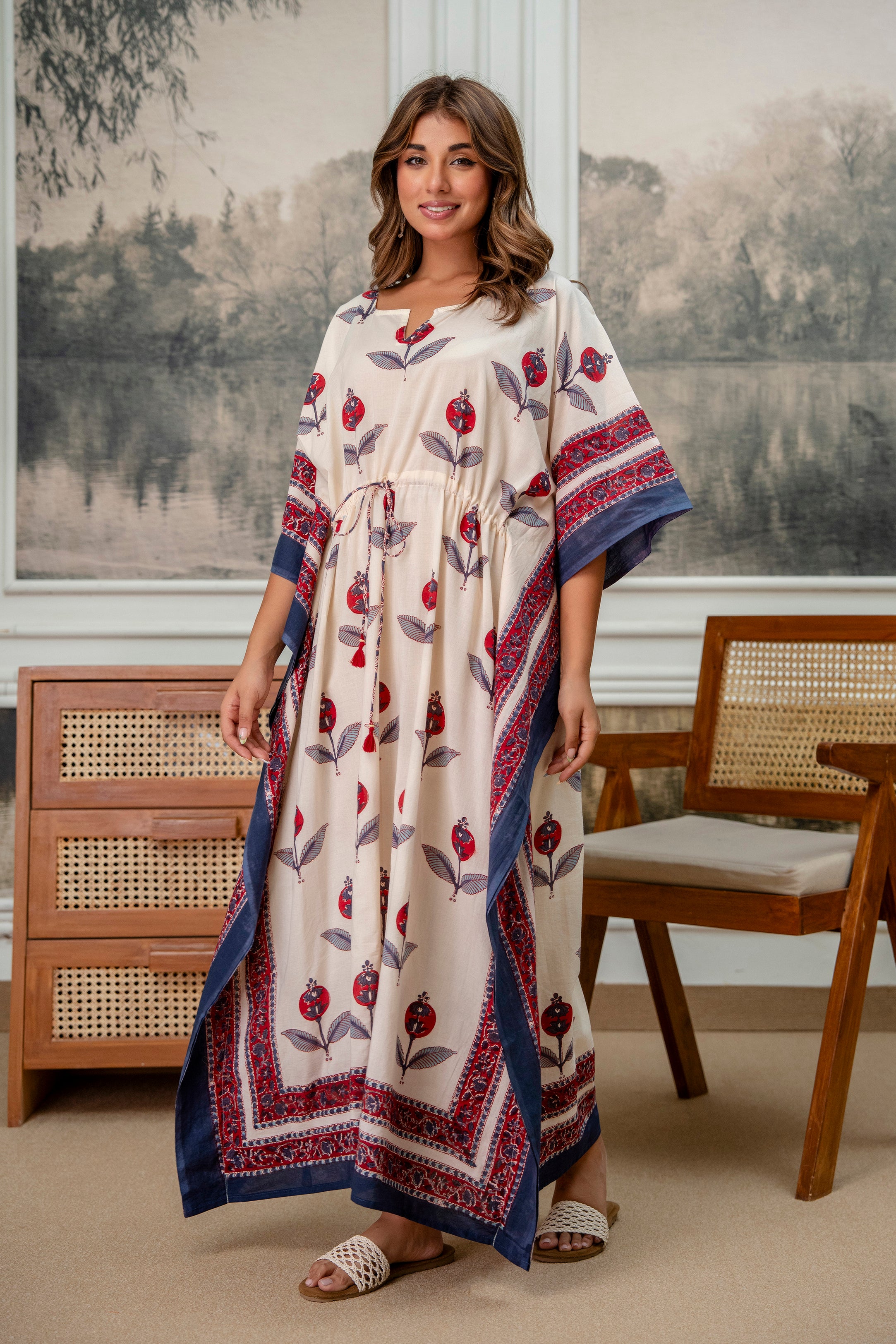 Crimson Bloom Hand Block Printed Cotton Kaftan