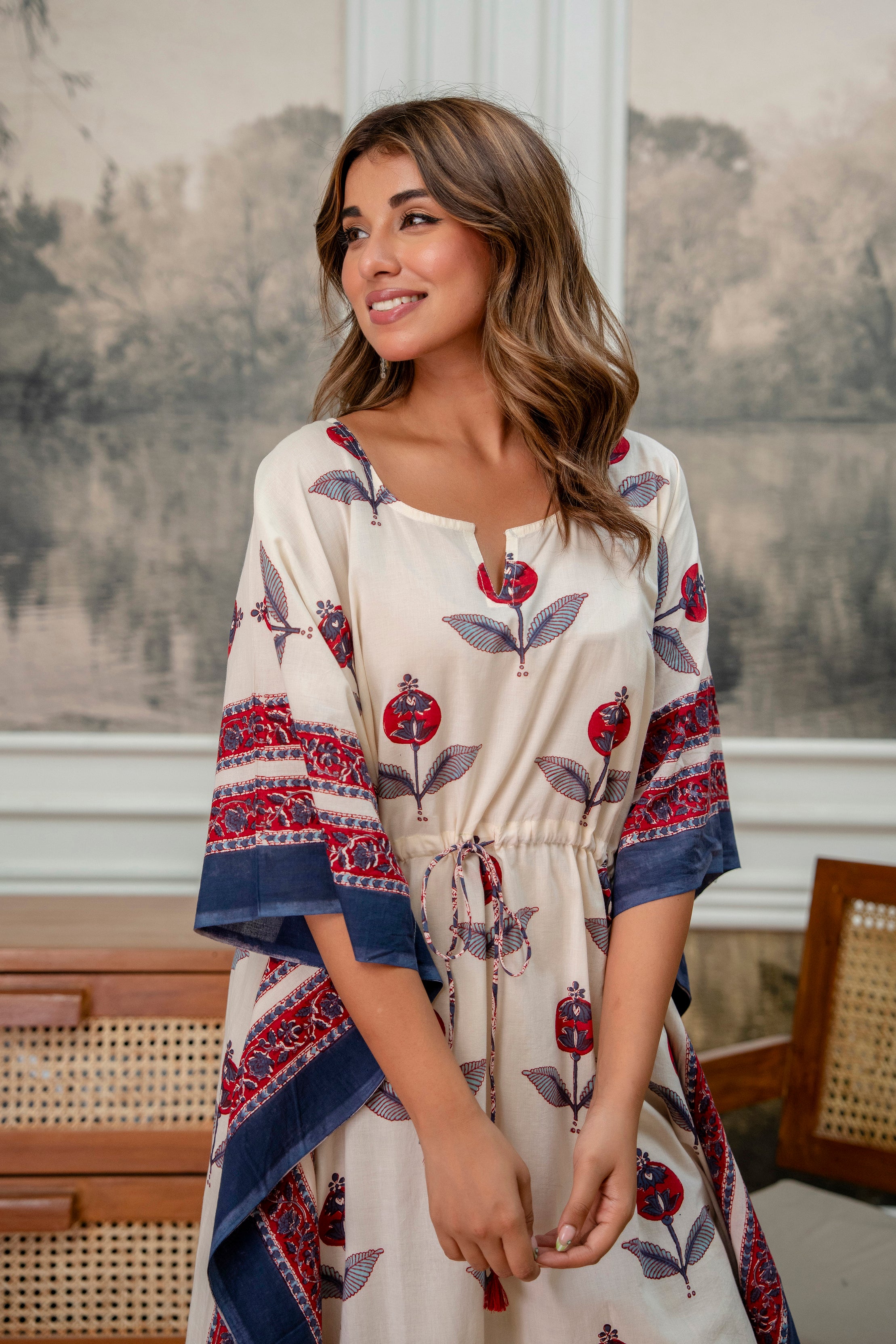 Crimson Bloom Hand Block Printed Cotton Kaftan