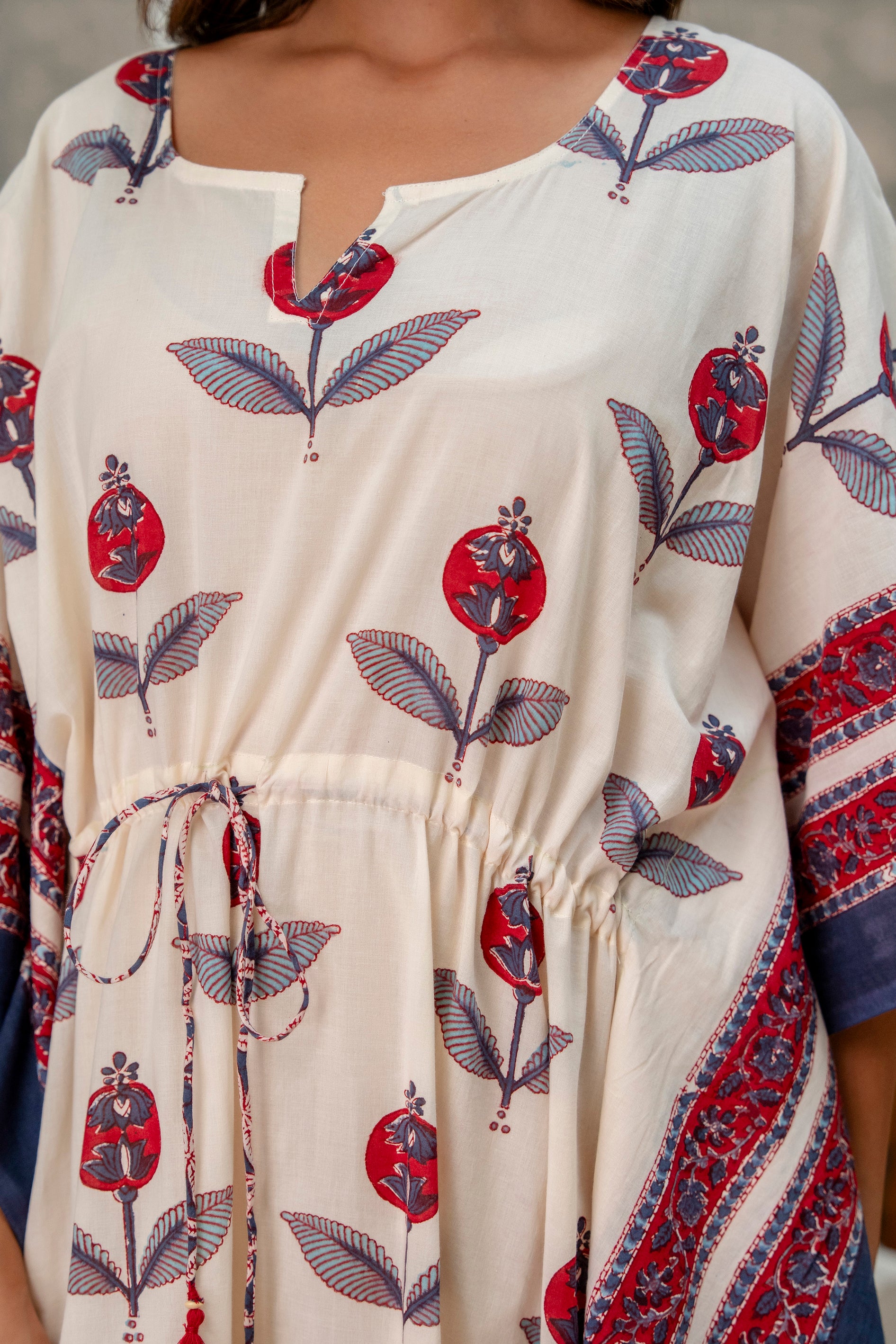 Crimson Bloom Hand Block Printed Cotton Kaftan