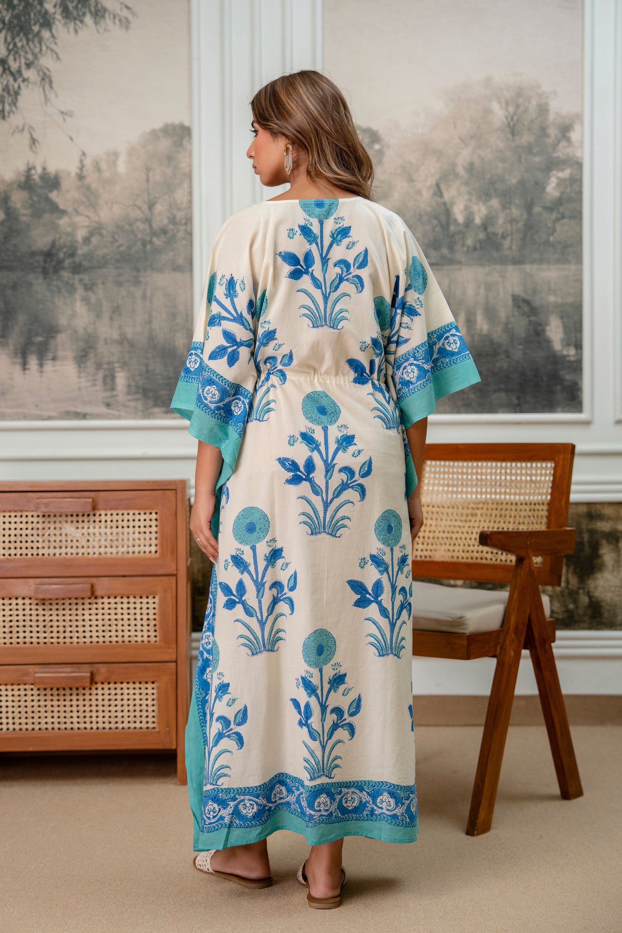 Ivory & Aqua Floral Hand Block Printed Cotton Kaftan