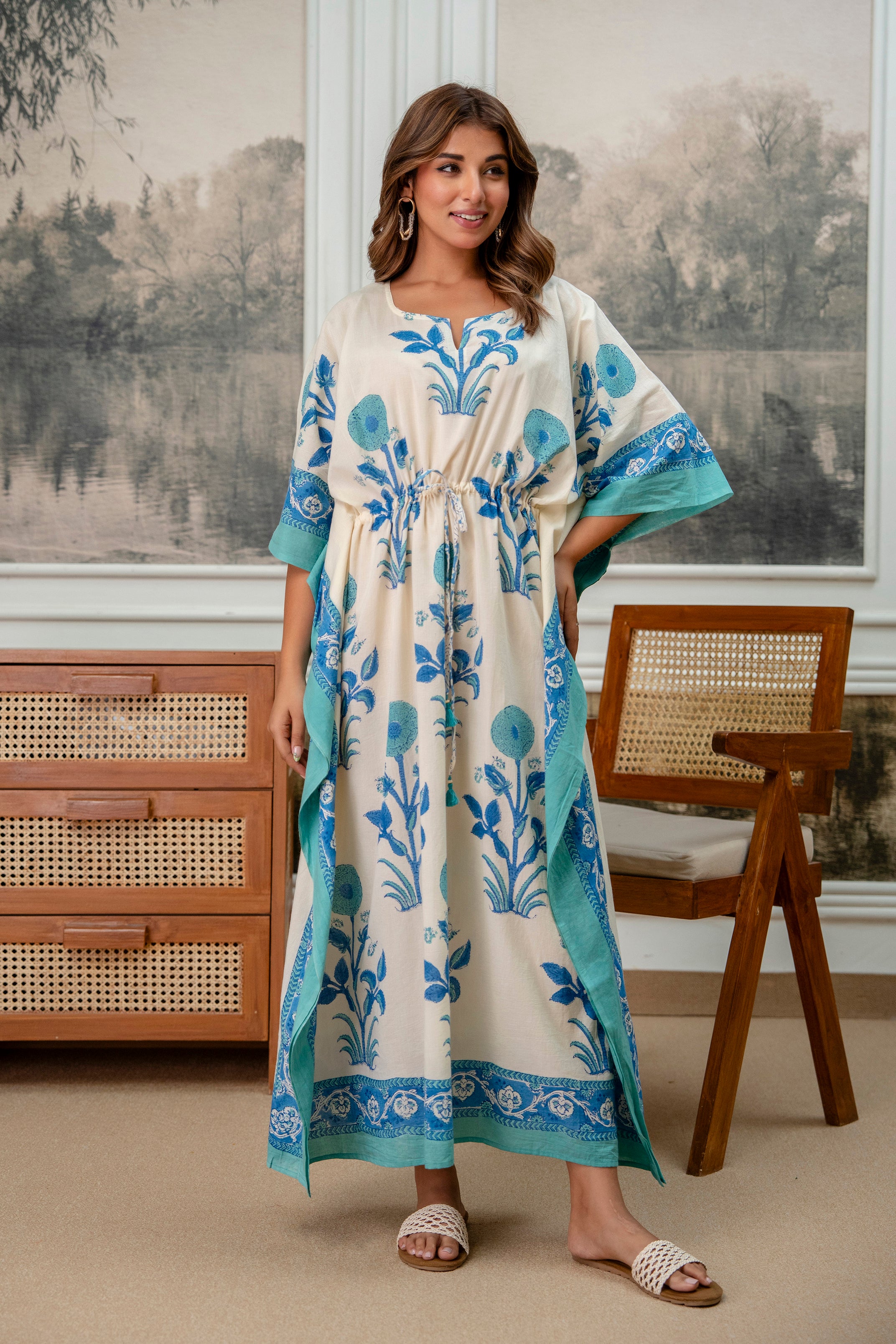 Ivory & Aqua Floral Hand Block Printed Cotton Kaftan