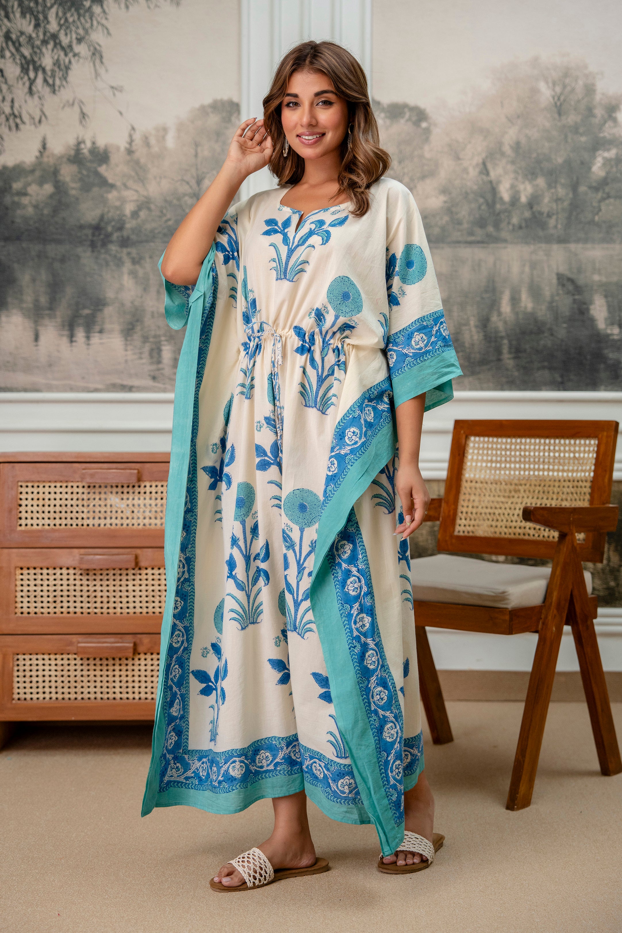 Ivory & Aqua Floral Hand Block Printed Cotton Kaftan