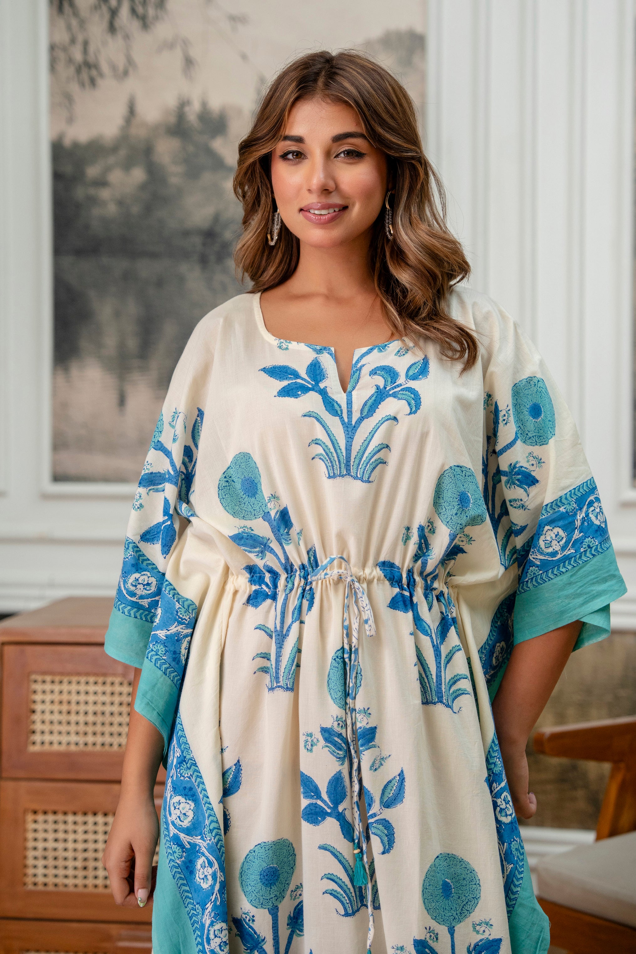 Ivory & Aqua Floral Hand Block Printed Cotton Kaftan
