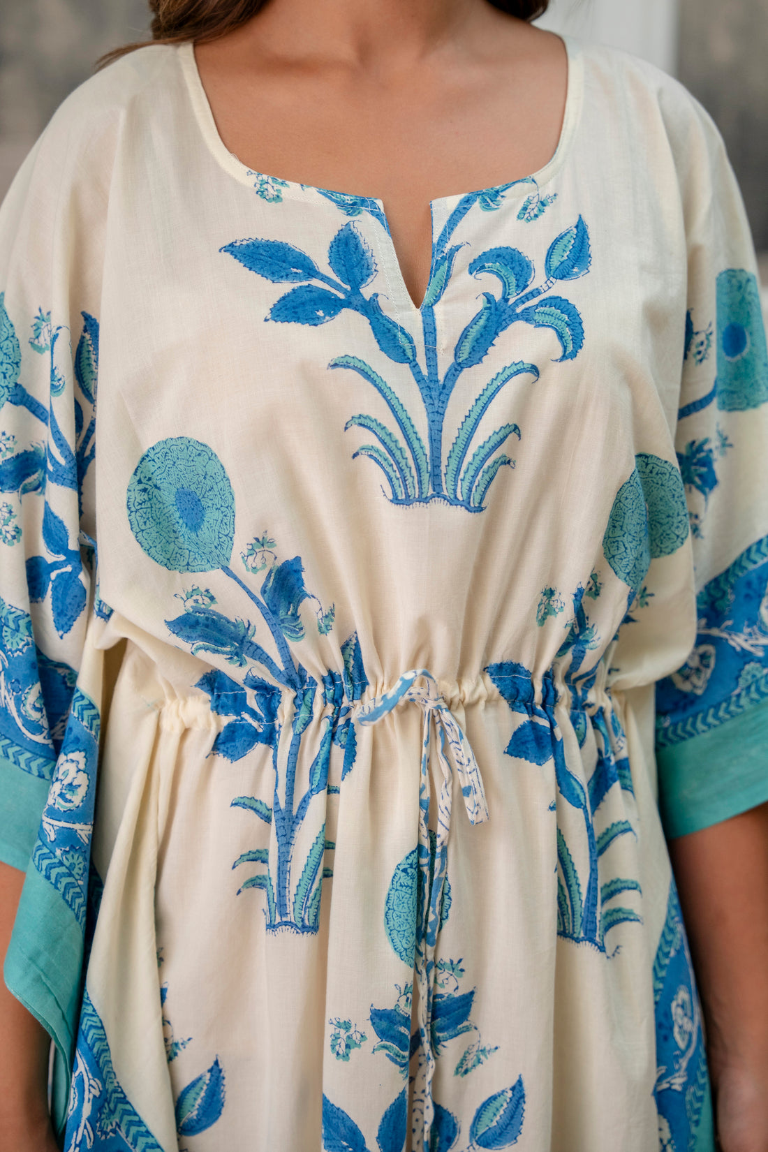 Ivory & Aqua Floral Hand Block Printed Cotton Kaftan