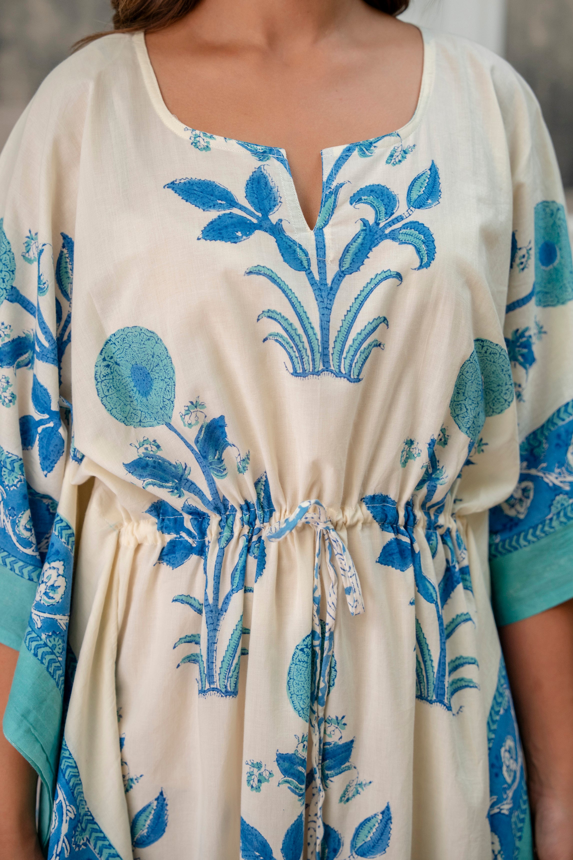 Ivory & Aqua Floral Hand Block Printed Cotton Kaftan