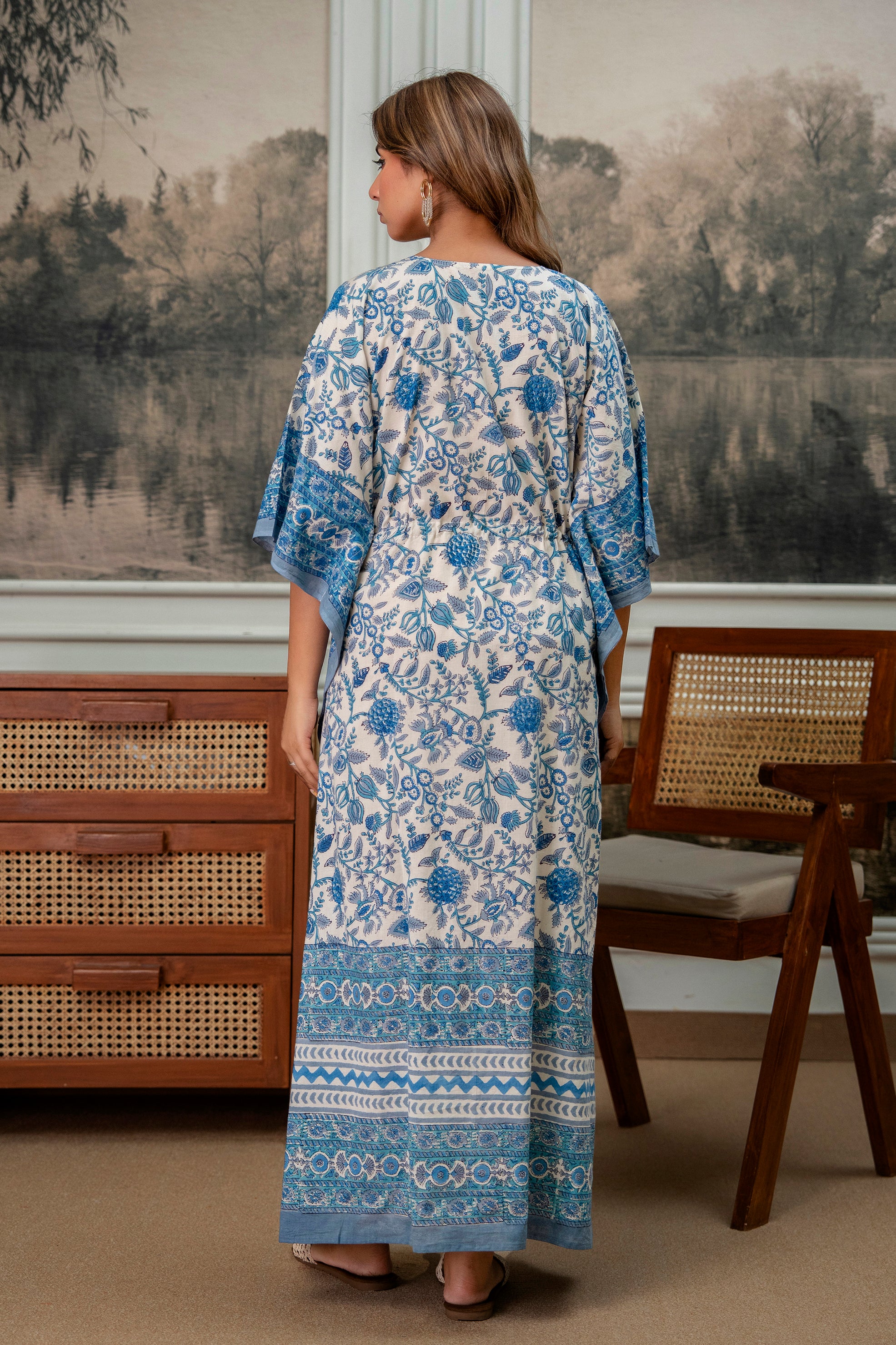 Azure Bloom Hand Block Printed Cotton Kaftan