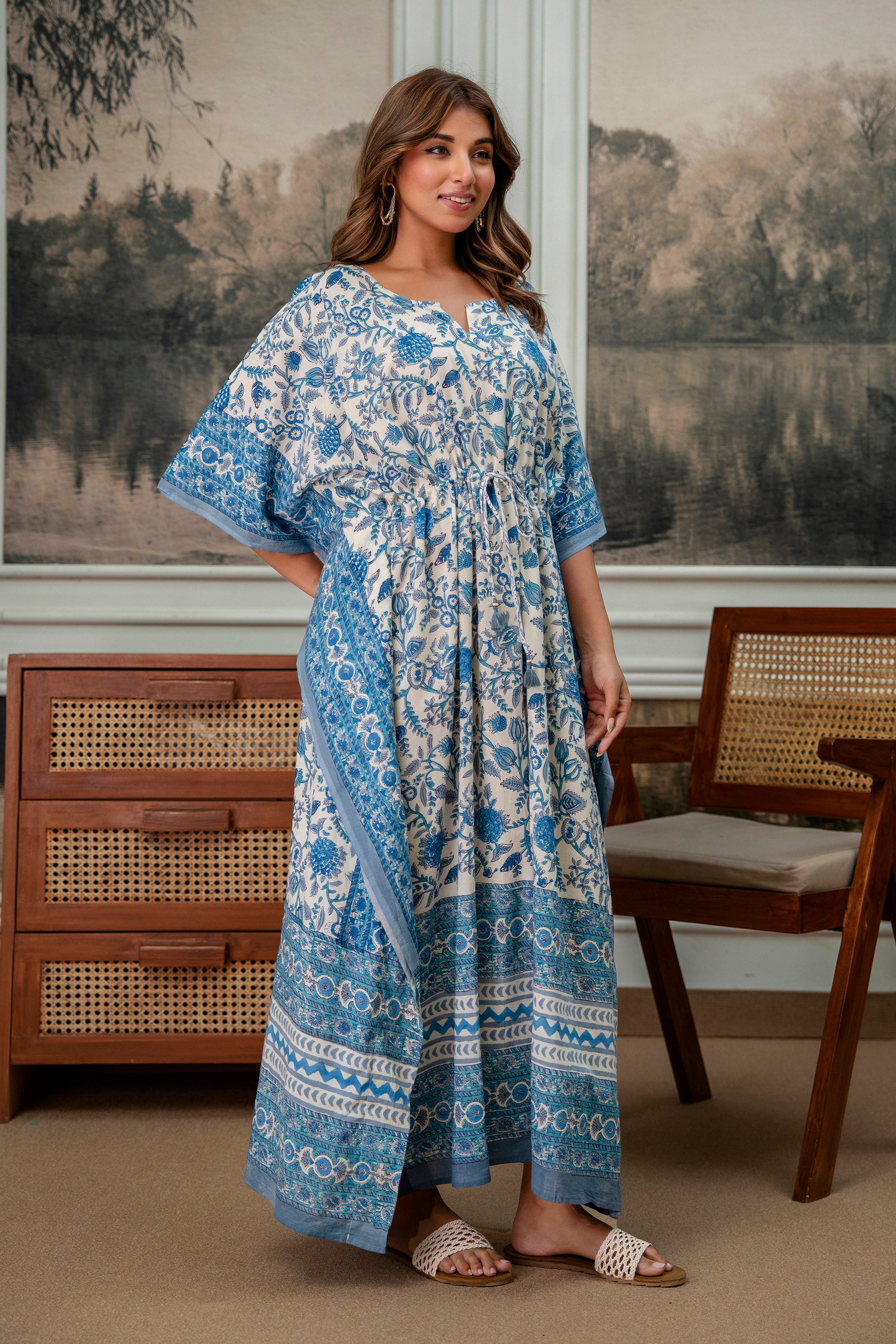 Azure Bloom Hand Block Printed Cotton Kaftan