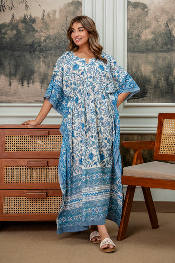 Azure Bloom Hand Block Printed Cotton Kaftan