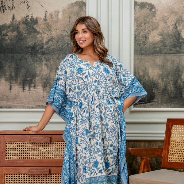 Azure Bloom Hand Block Printed Cotton Kaftan