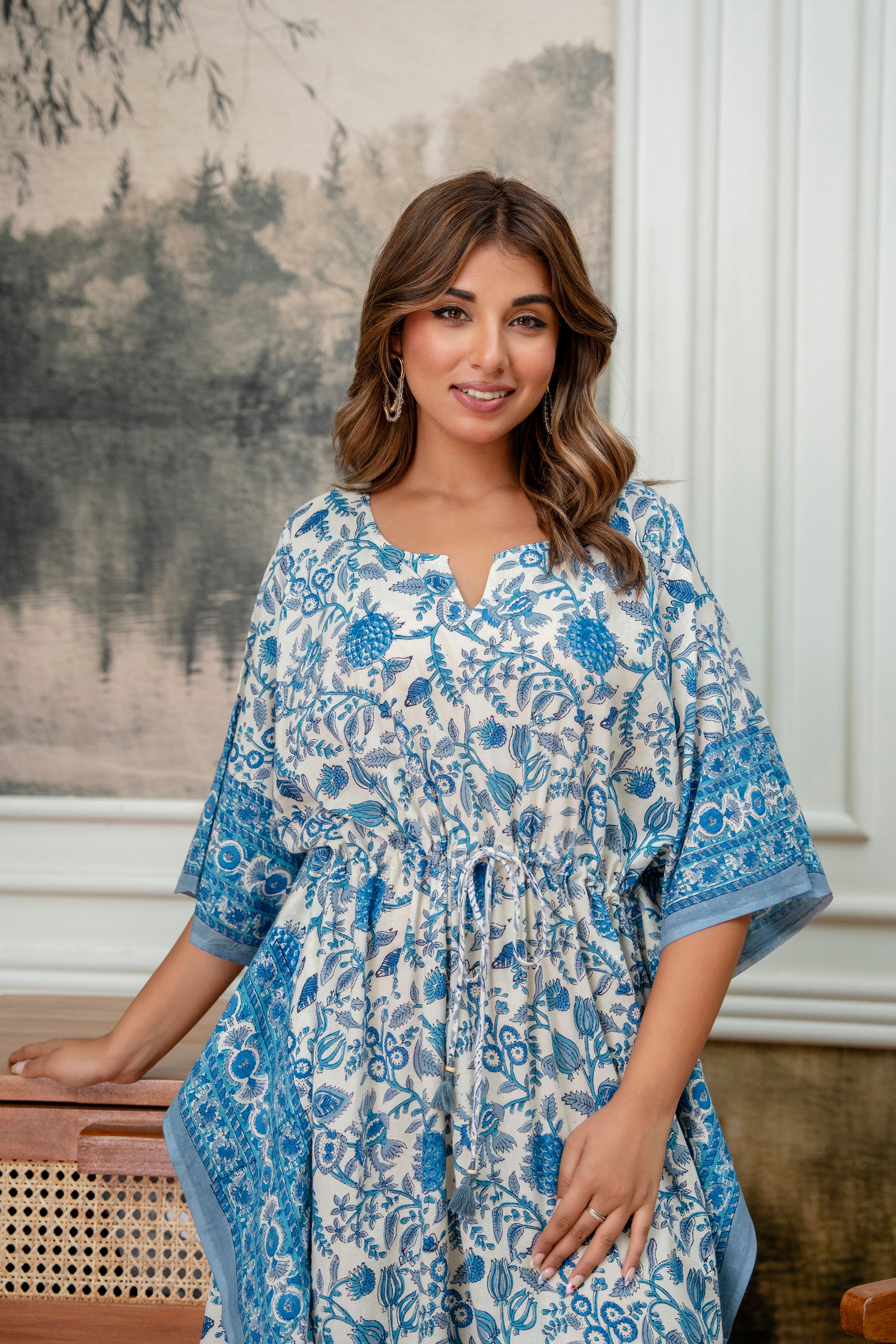 Azure Bloom Hand Block Printed Cotton Kaftan