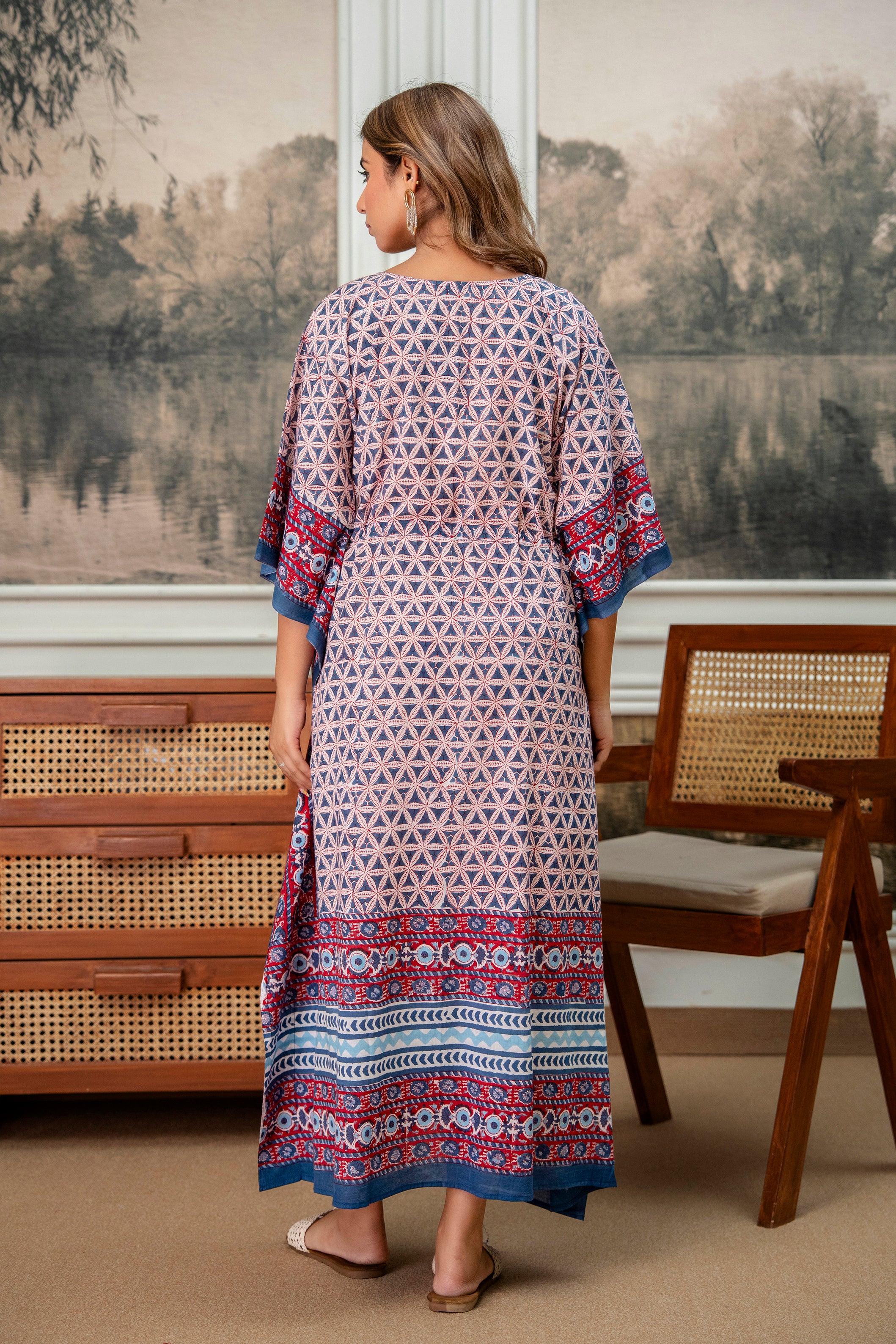 Indigo Geometry Hand Block Printed Cotton Kaftan