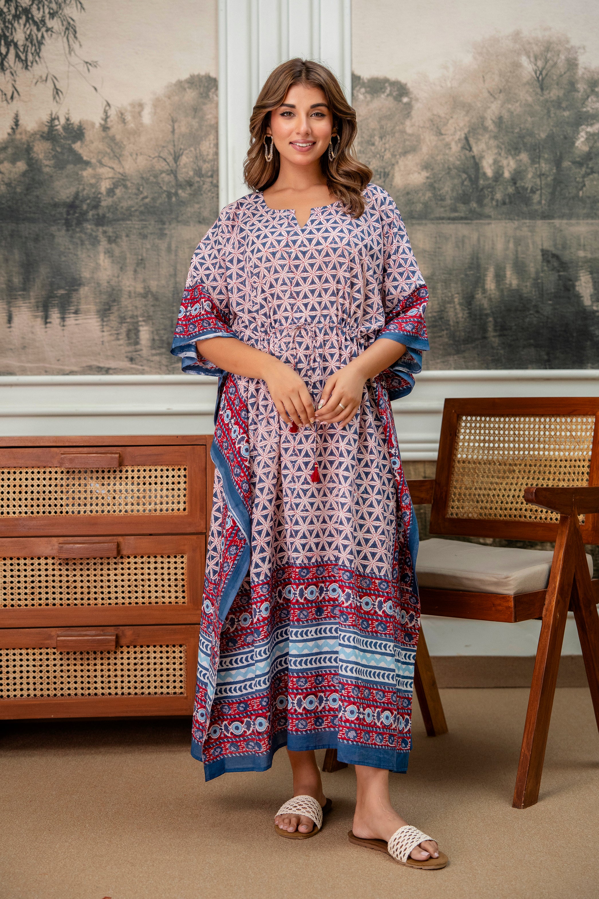 Indigo Geometry Hand Block Printed Cotton Kaftan
