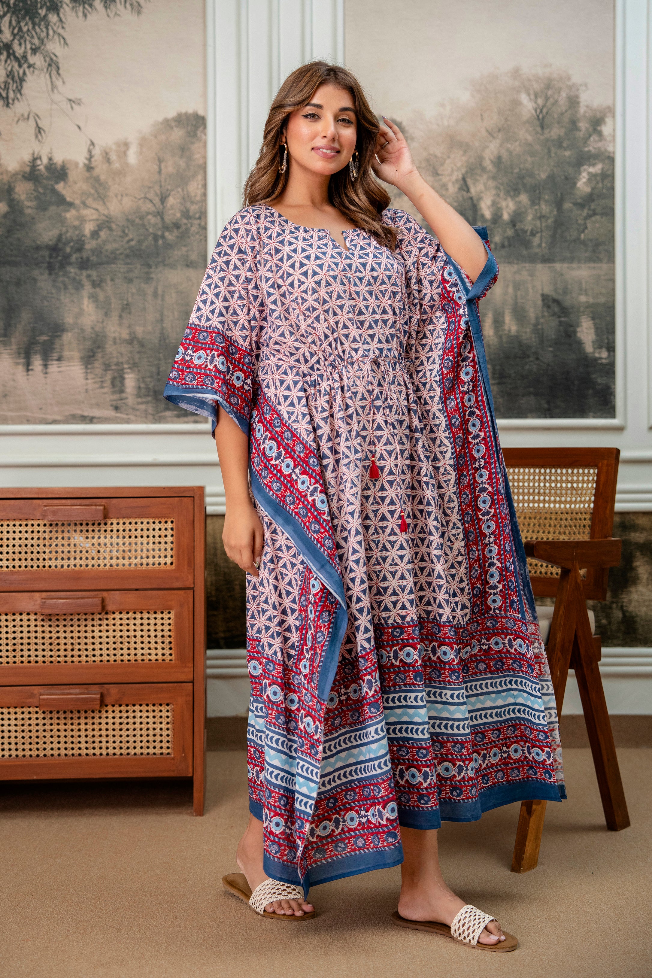 Indigo Geometry Hand Block Printed Cotton Kaftan