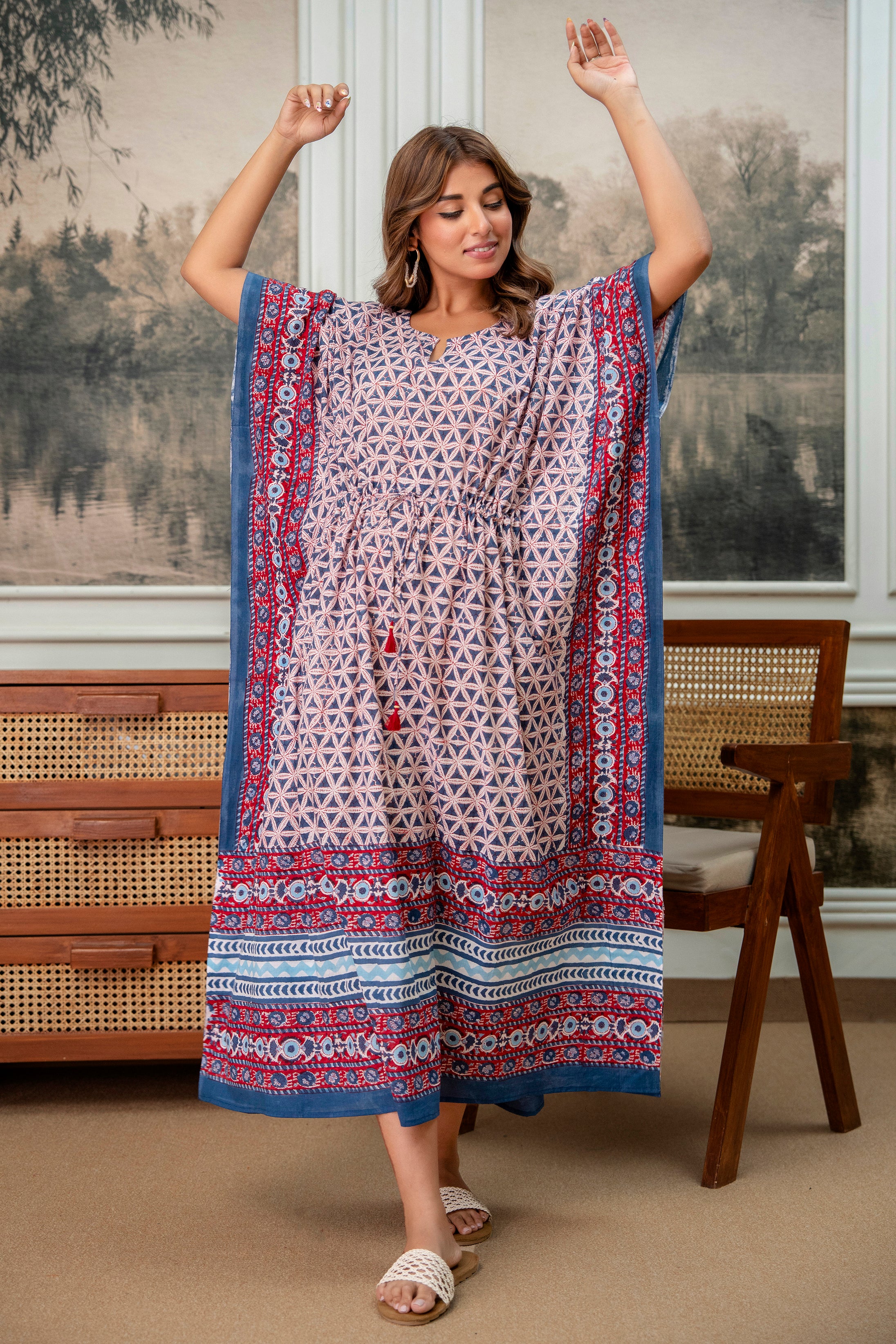 Indigo Geometry Hand Block Printed Cotton Kaftan