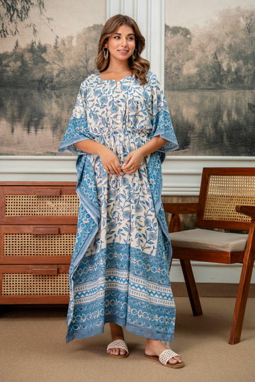 Azure Garden Hand Block Printed Cotton Kaftan