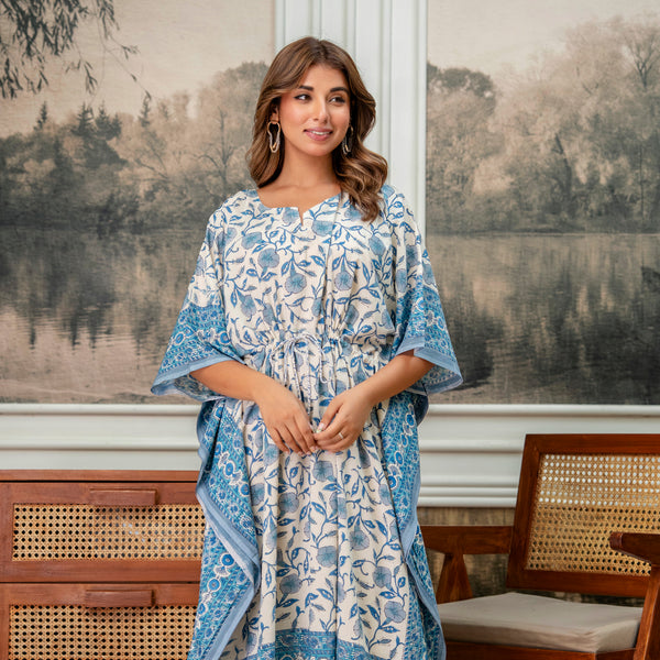 Azure Garden Hand Block Printed Cotton Kaftan