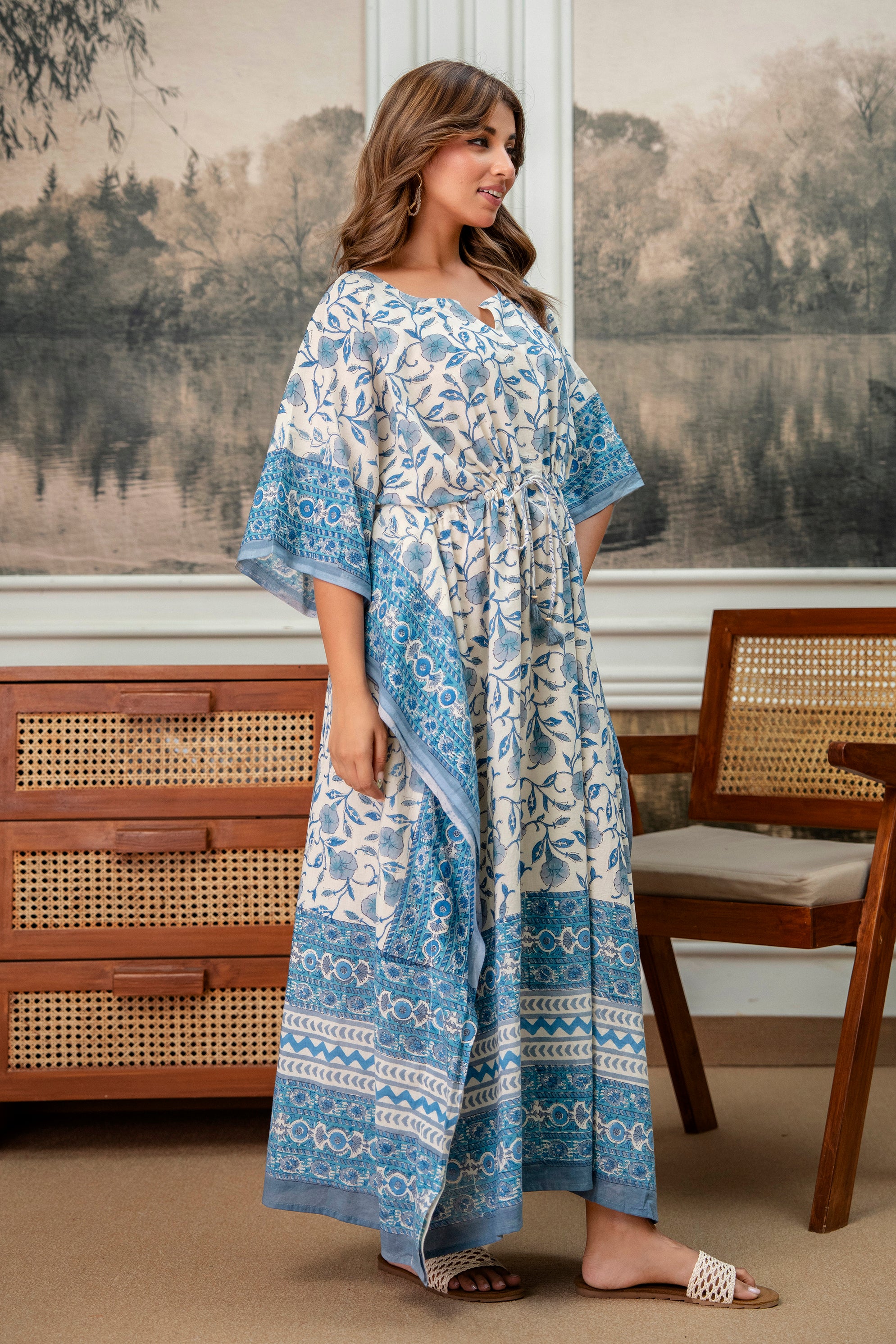 Azure Garden Hand Block Printed Cotton Kaftan