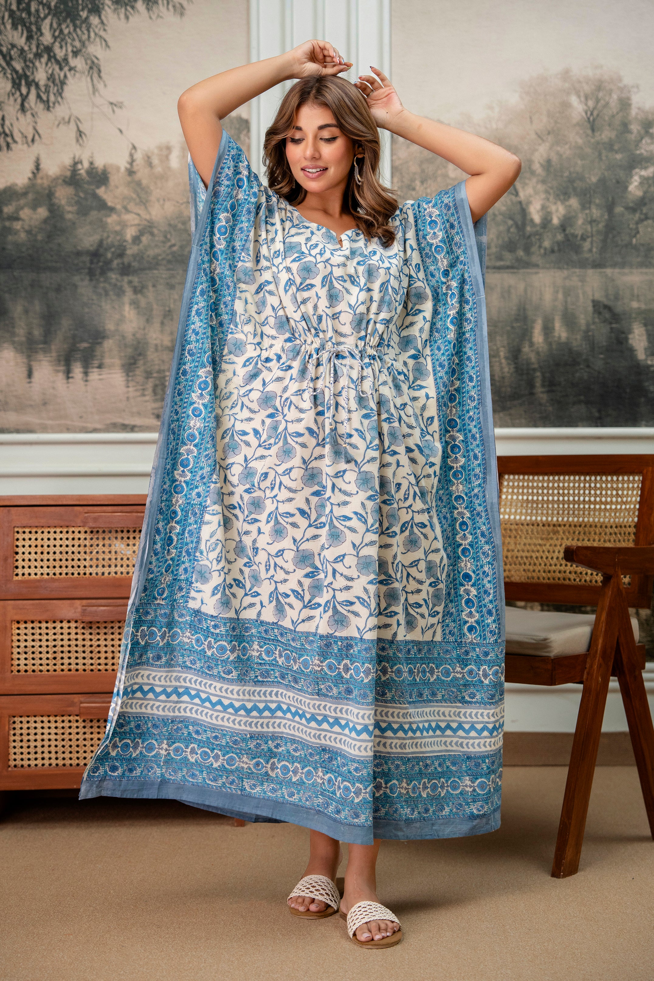 Azure Garden Hand Block Printed Cotton Kaftan