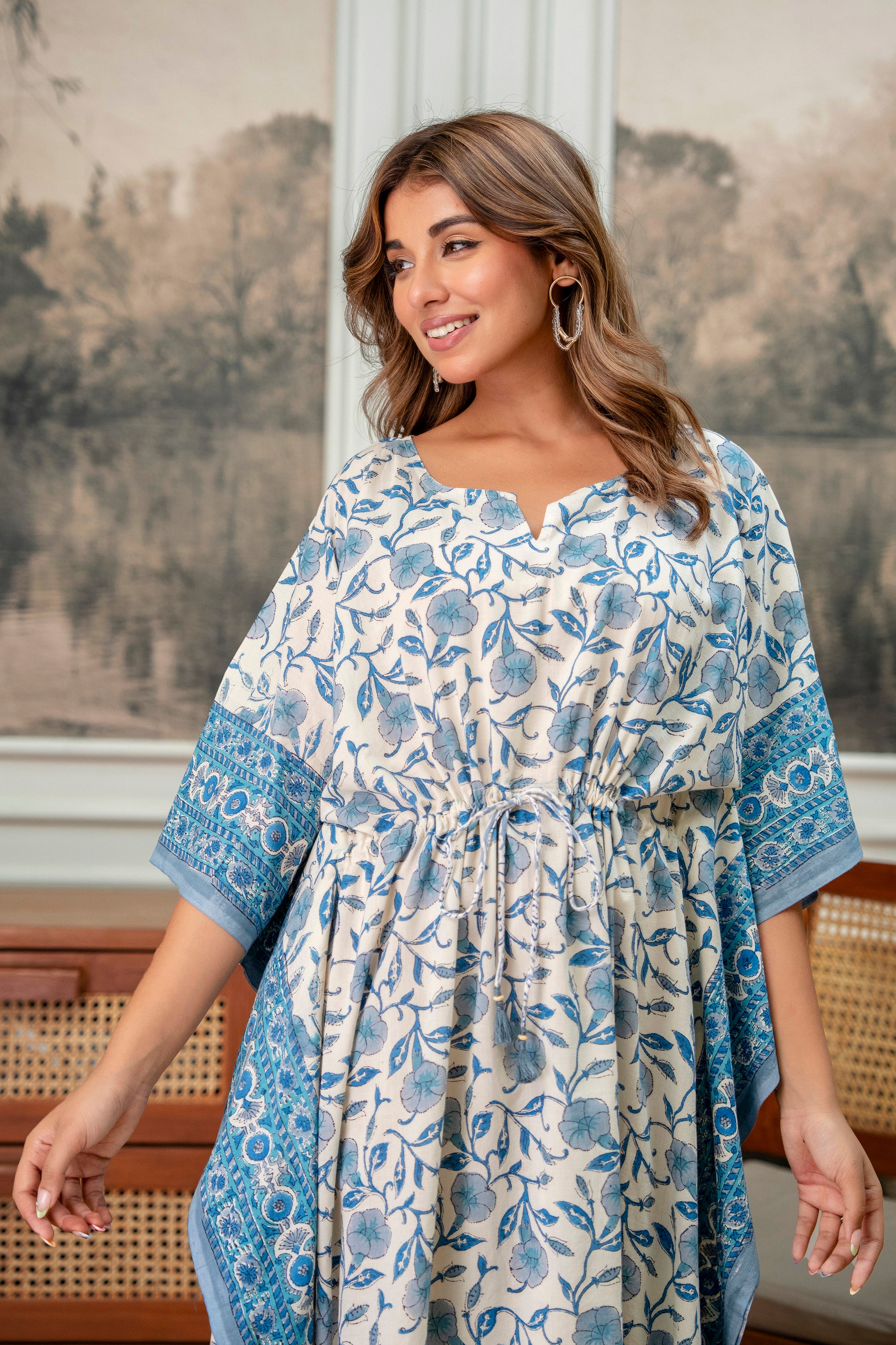 Azure Garden Hand Block Printed Cotton Kaftan